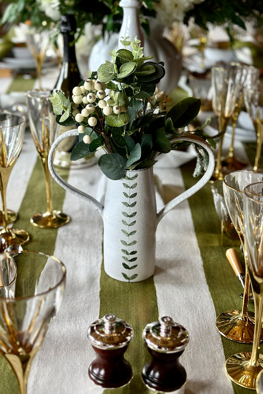 'Stripe' Linen Tablecloth in White & Green