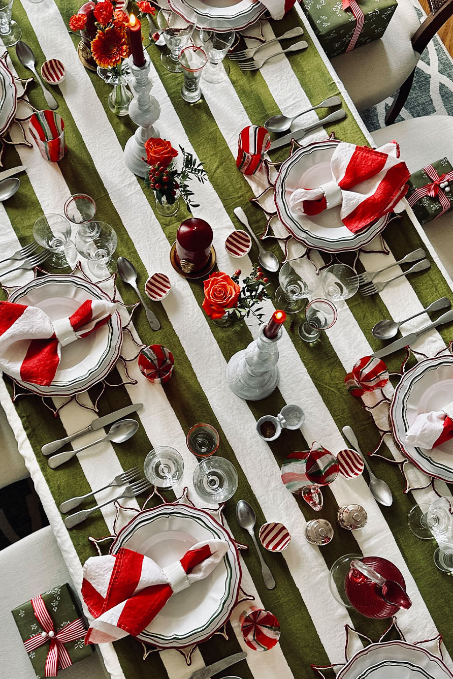'Stripe' Linen Tablecloth in White & Green