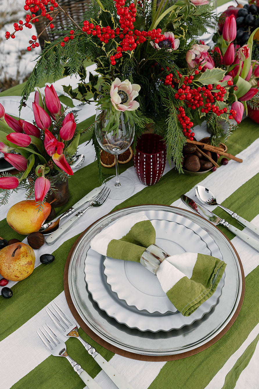 'Stripe' Linen Napkin in White & Avocado Green, 50x50cm