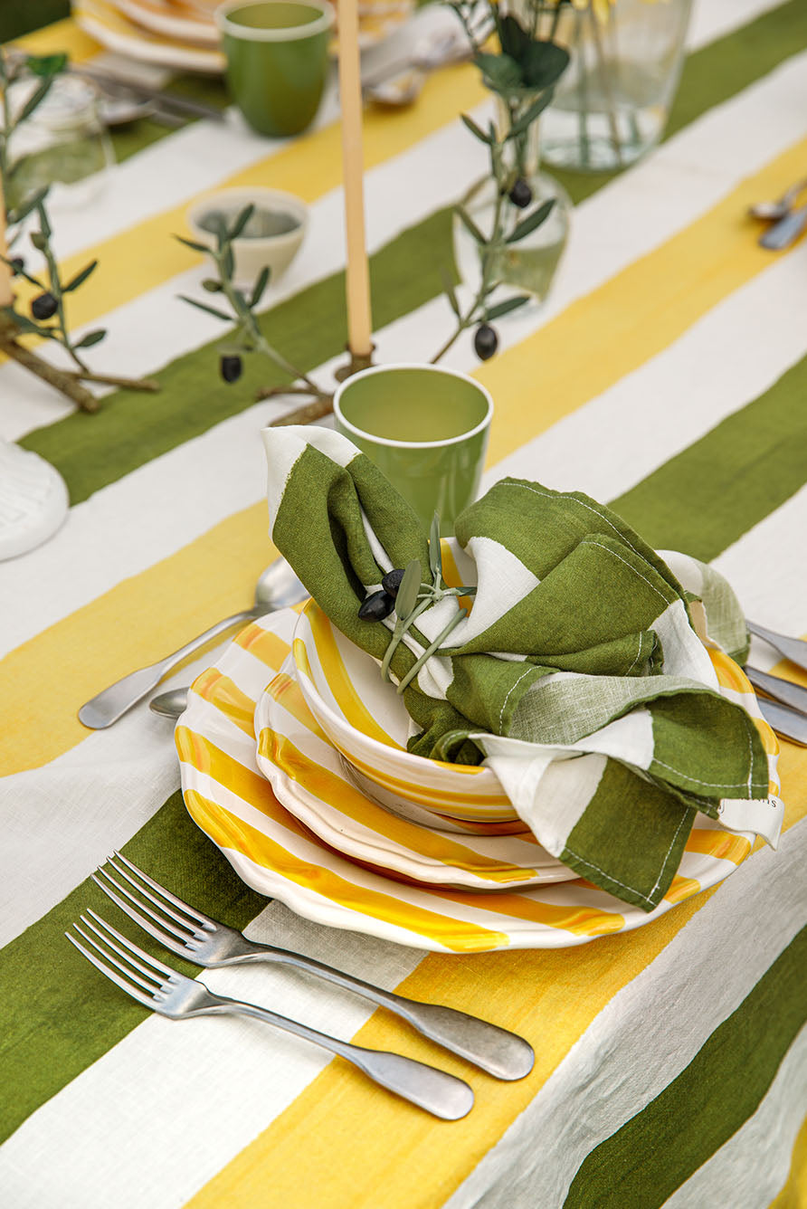 'Stripe' Linen Napkin in White & Avocado Green, 50x50cm