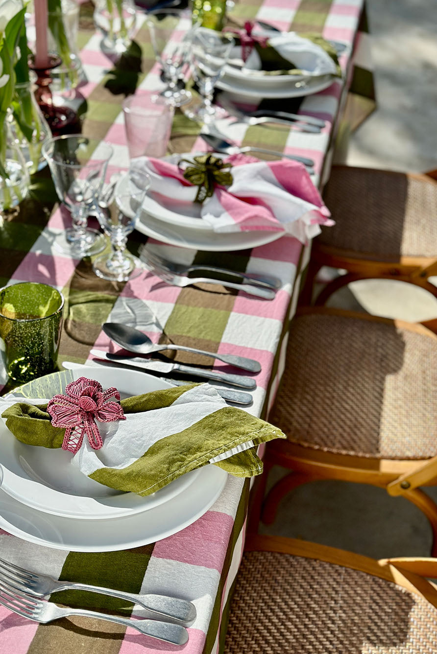 'Stripe' Linen Napkin in White & Avocado Green, 50x50cm