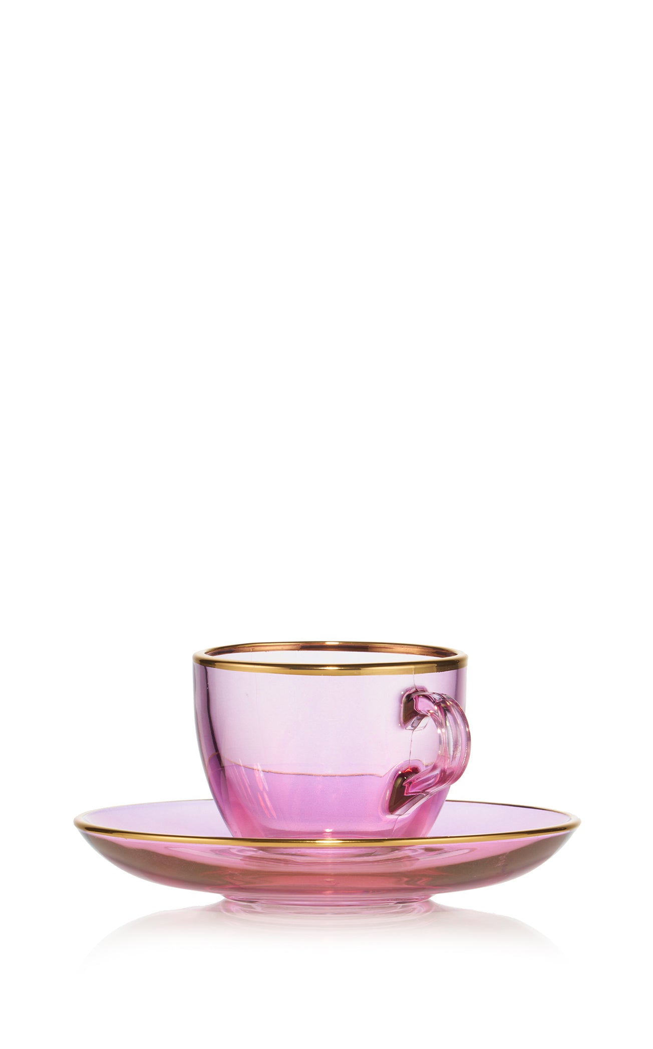 Handblown Italian Glass Espresso Cup and Saucer in Pink with Gold Rim