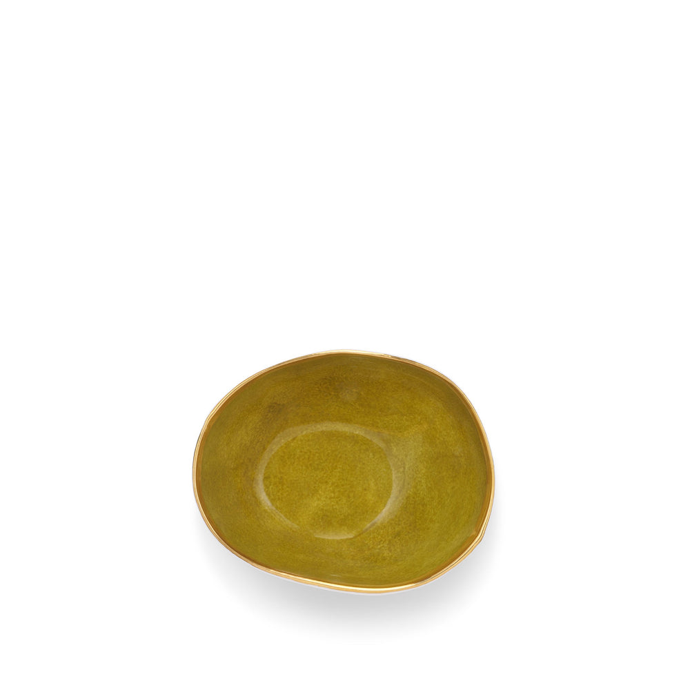 Handmade Ceramic Pebble Bowl in Green and Gold Rim, 13cm