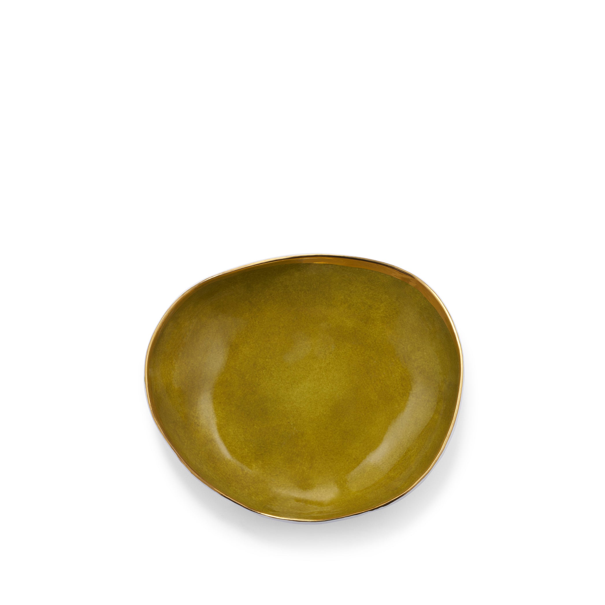 Handmade Ceramic Pebble Bowl in Green and Gold Rim, 22cm
