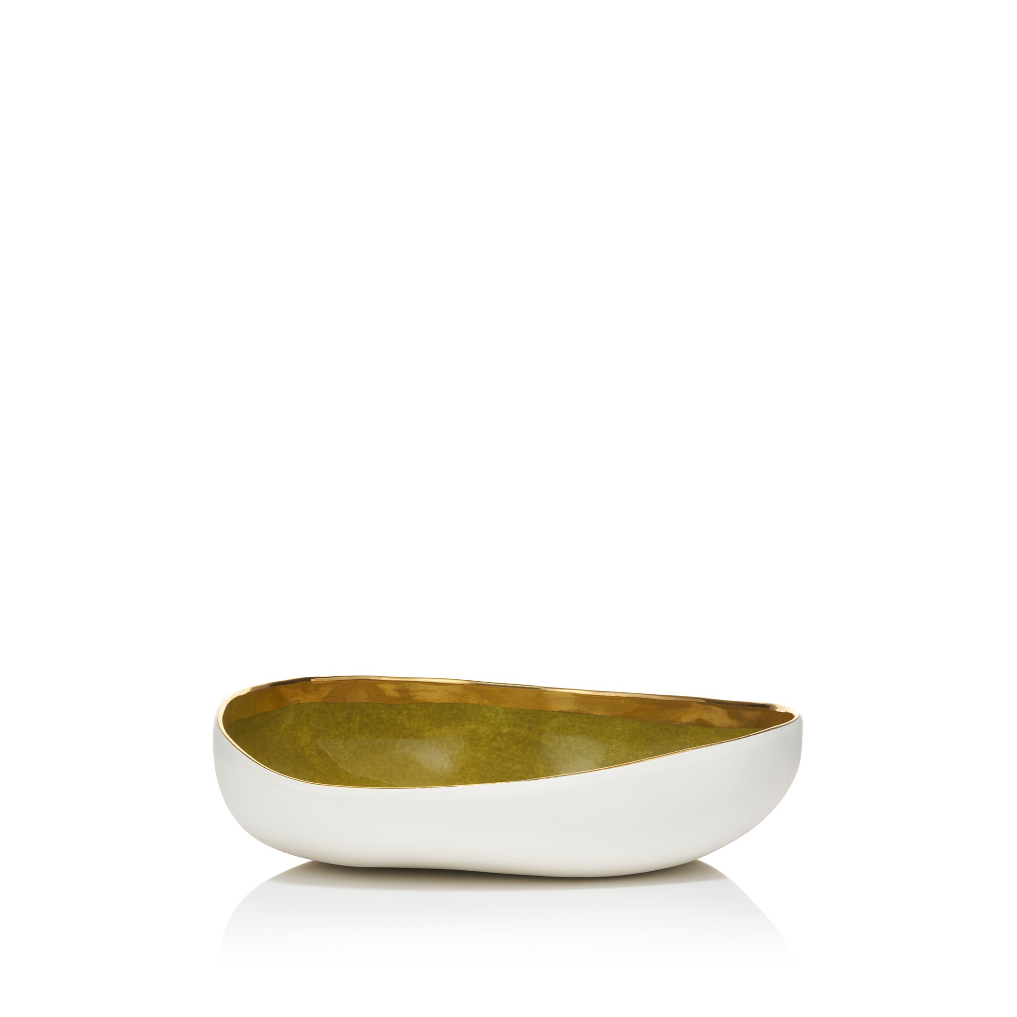 Handmade Ceramic Pebble Bowl in Green and Gold Rim, 22cm
