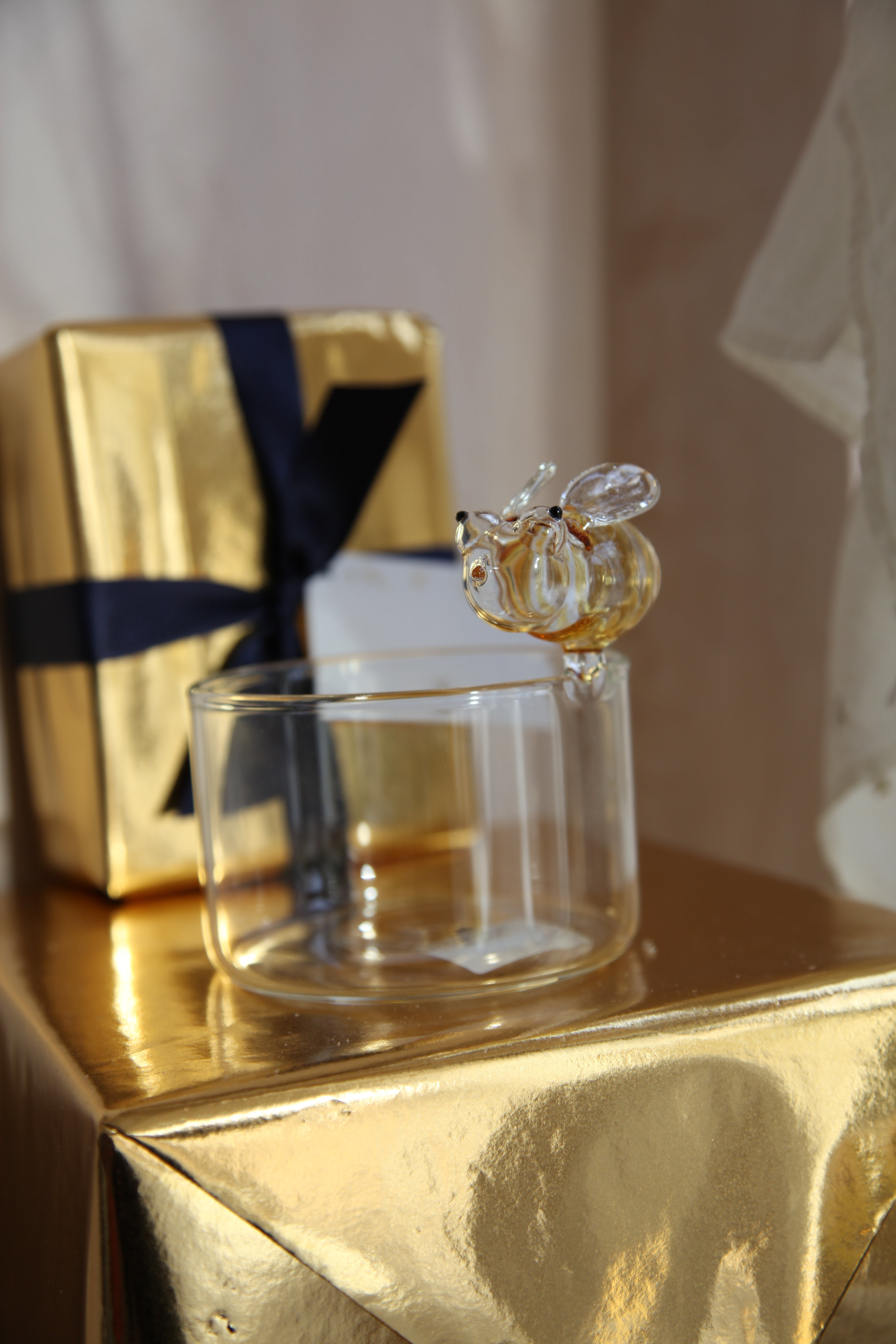 Handblown Glass Yellow Bee Tea Light Holder, 11cm