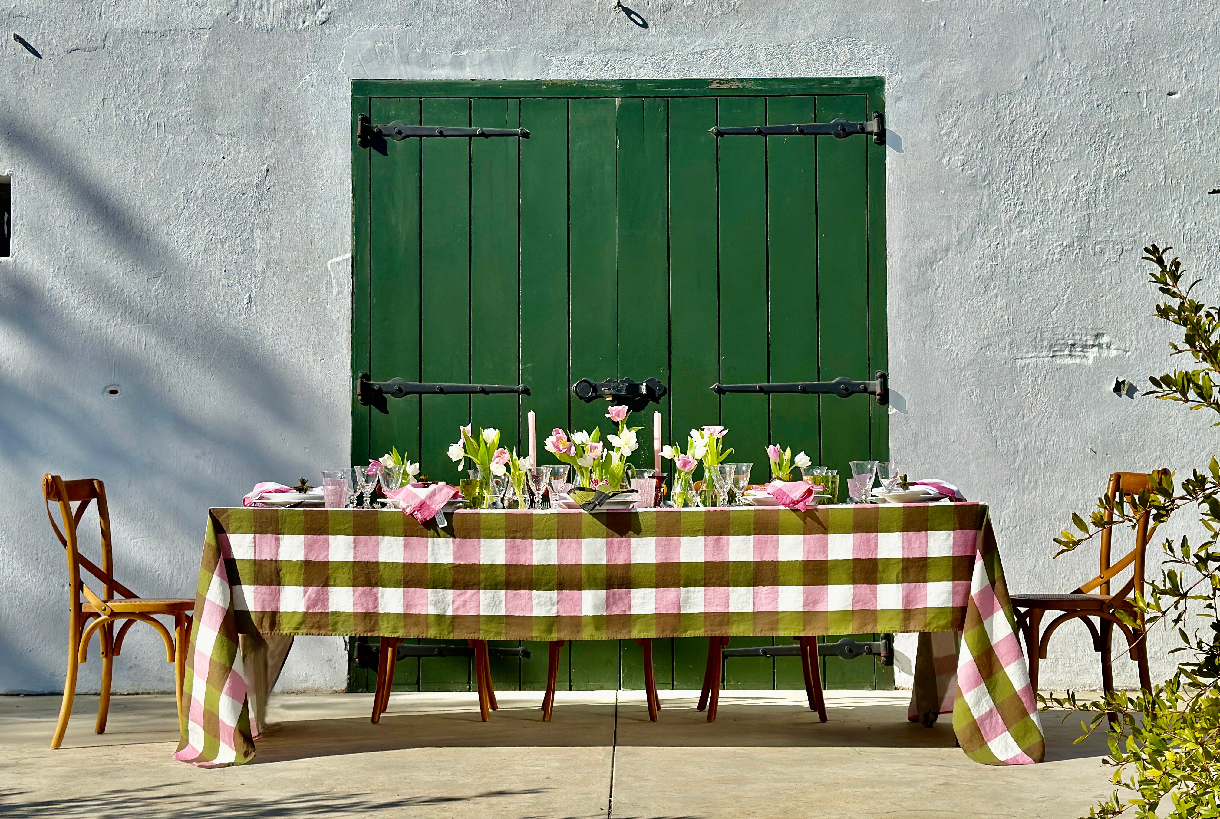 'Gingham' Linen Tablecloth in Rose Pink & Avocado Green