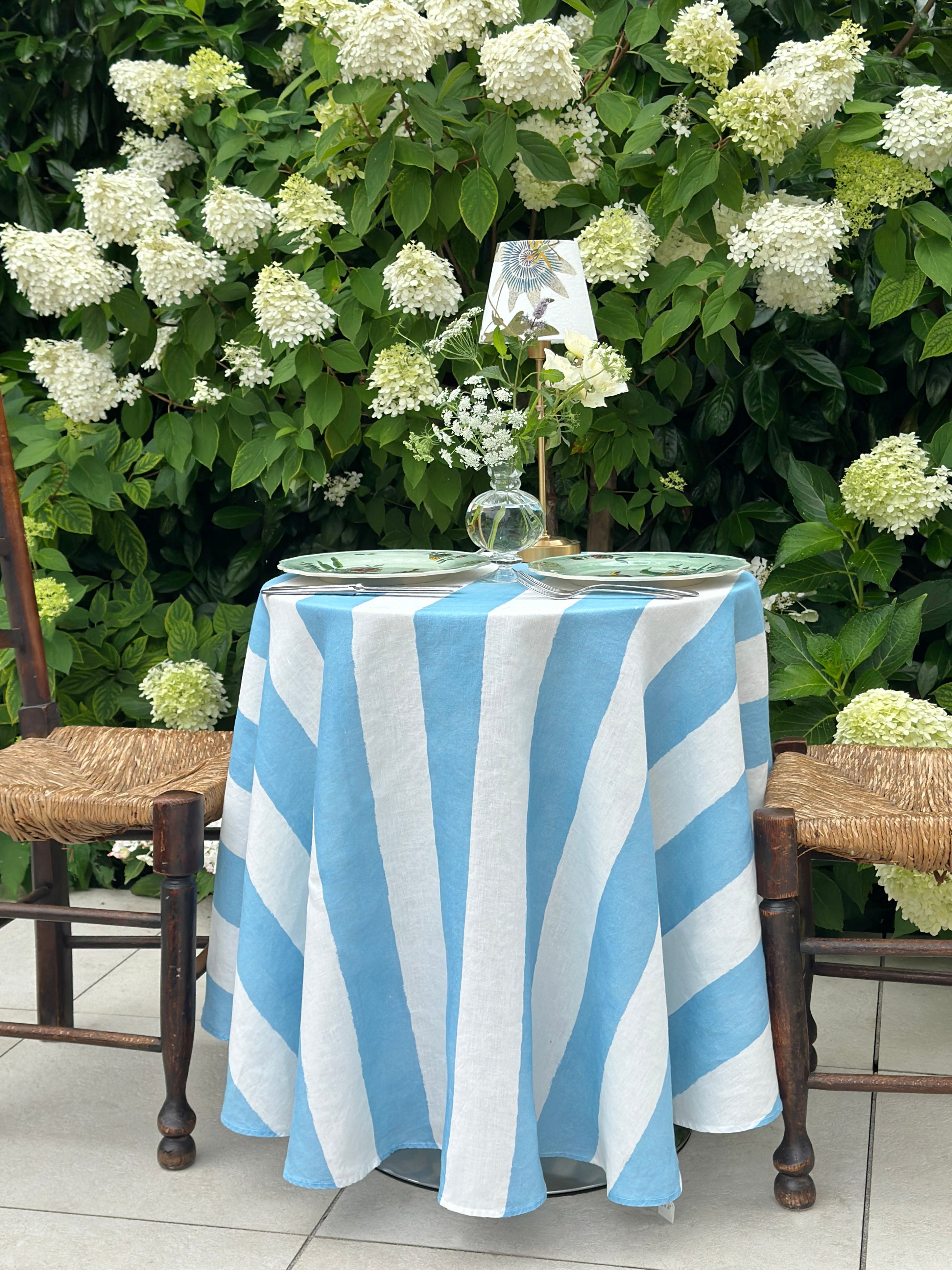 'Stripe' Round Occasional Linen Tablecloth in Pale Blue, 165cm