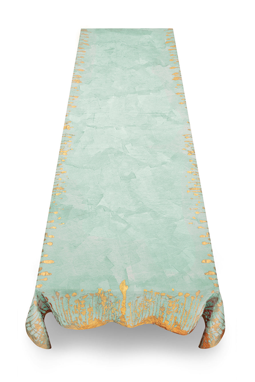 Ink Linen Tablecloth in Light Green with Gold Drips