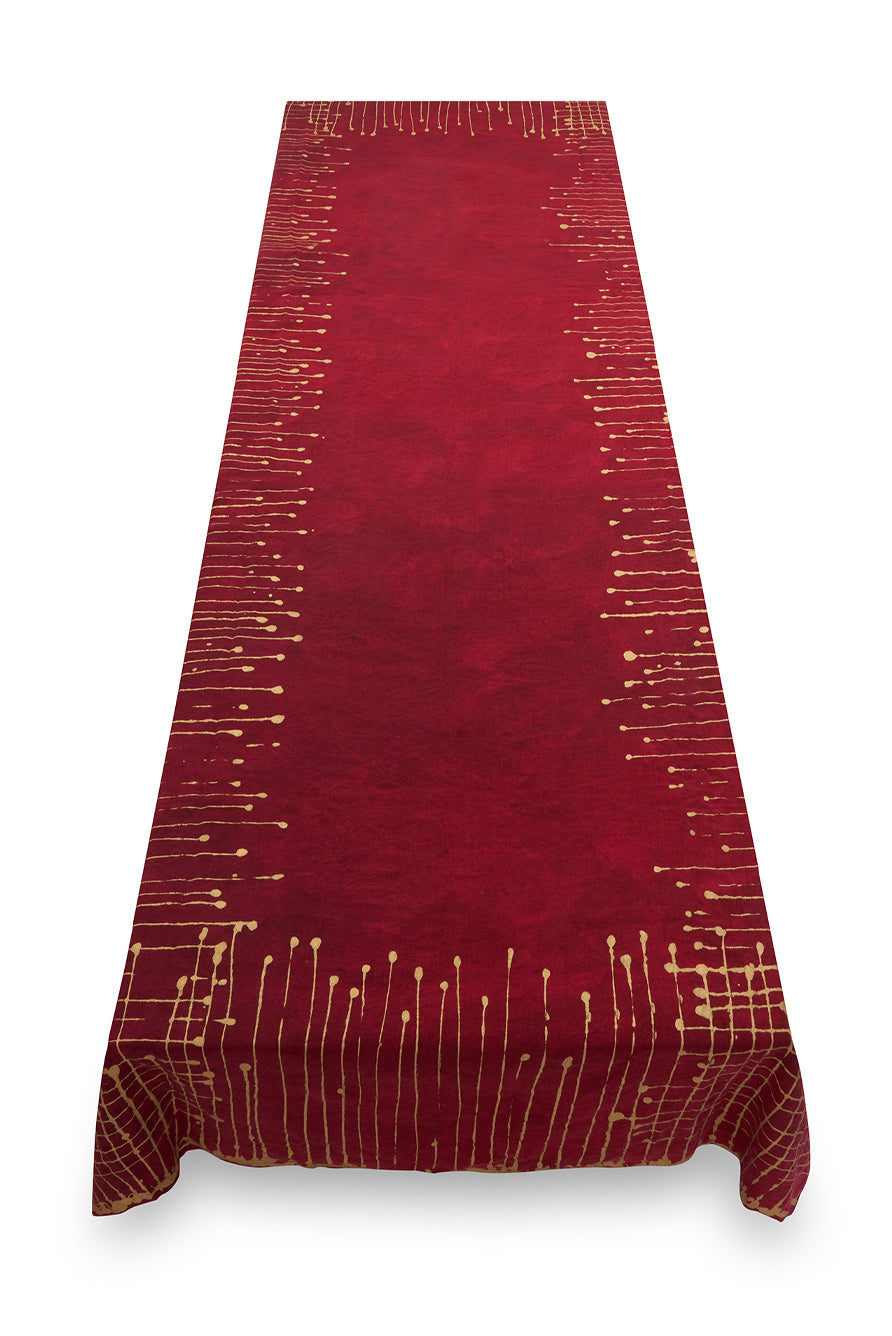 'Ink' Linen Tablecloth in Claret Red with Gold Drips