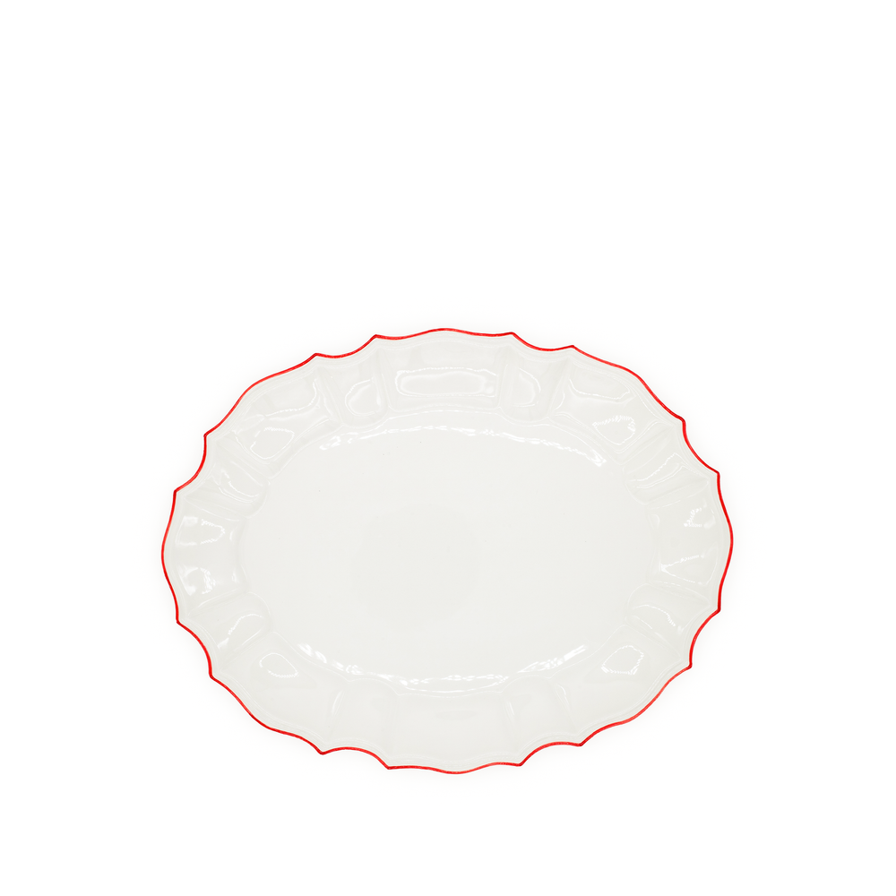 Italian White Porcelain Serving Platter with a Red Rim, 43cm