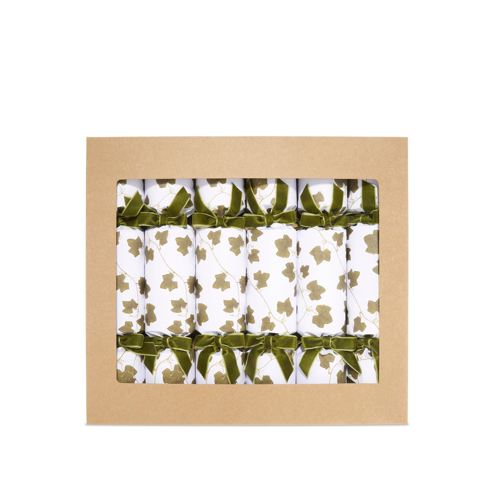 Christmas Crackers with 'Ivy' Print and Green Velvet Bows, Box of 6 (UK ONLY)