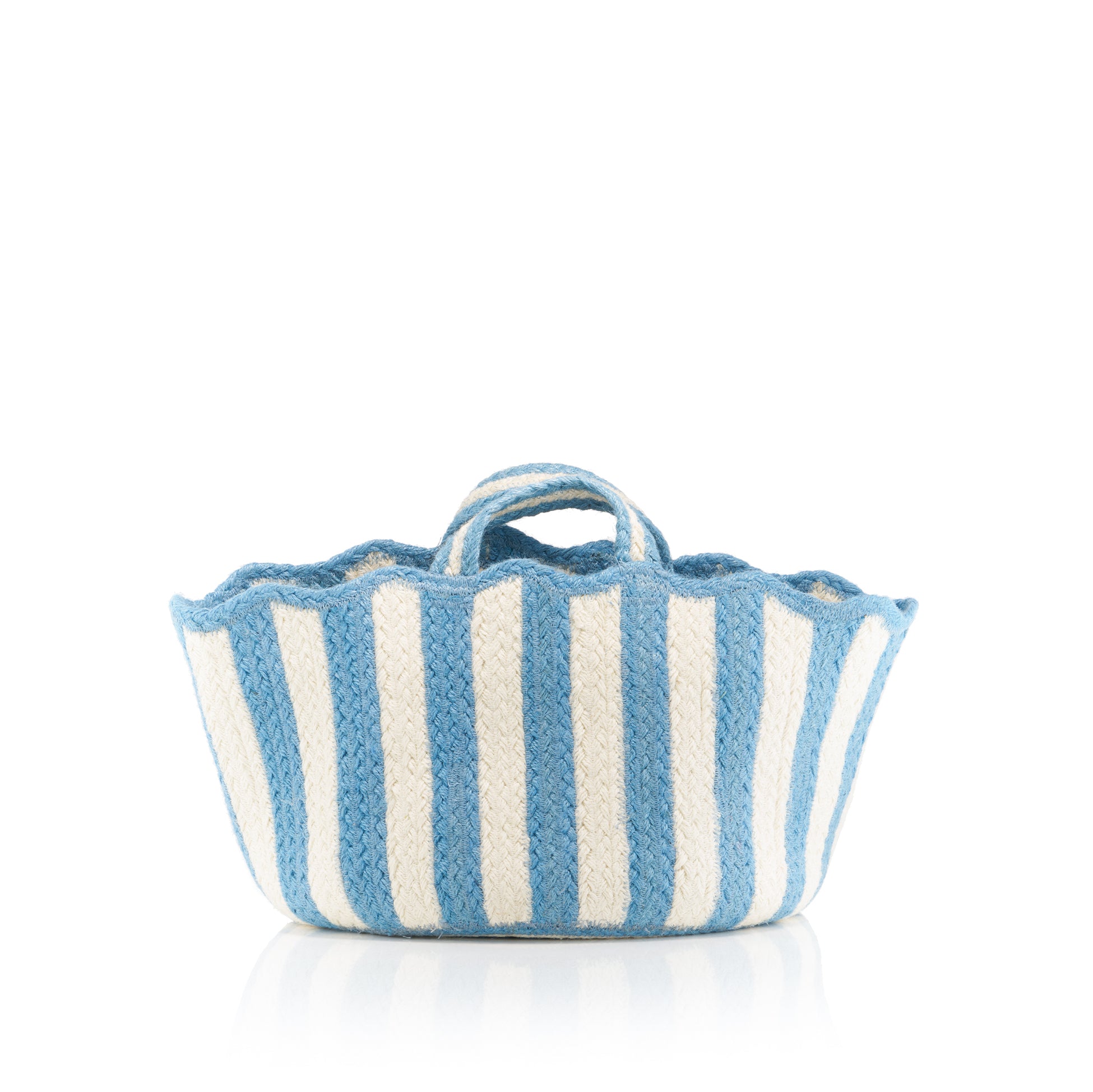 Large Scalloped Jute Basket in Blue Stripe, 38x29cm
