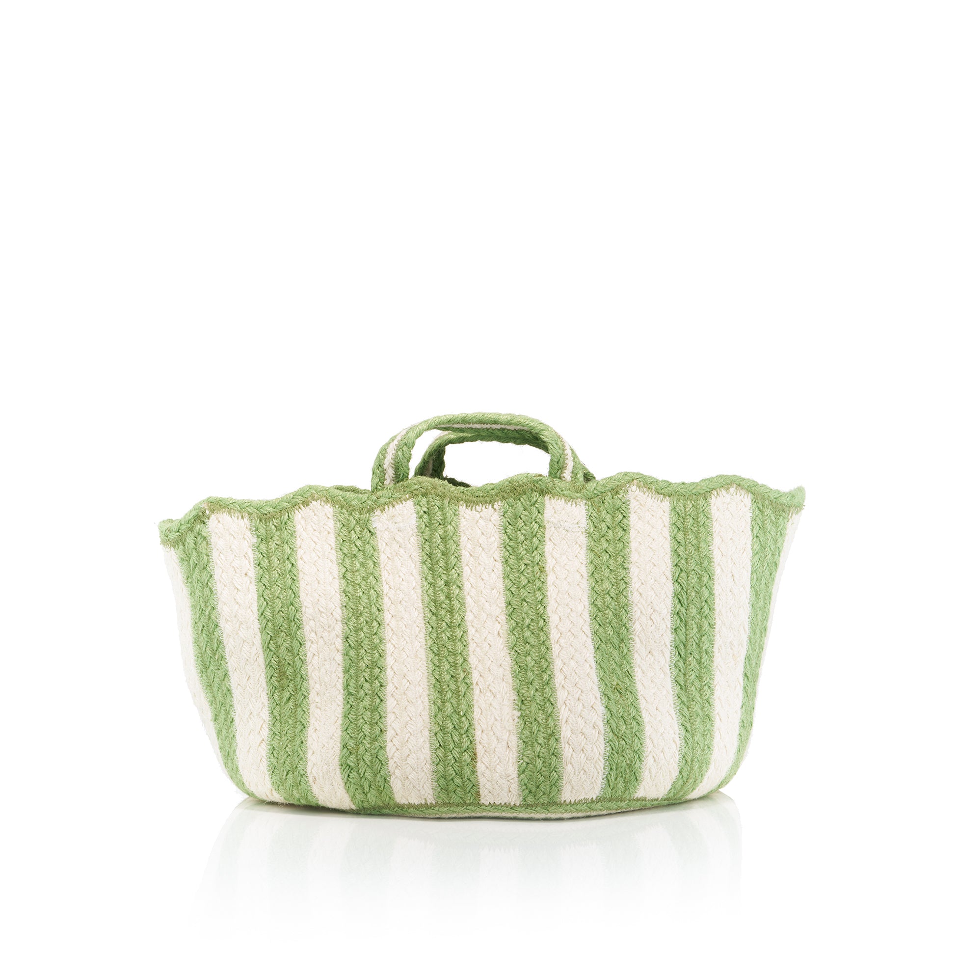 Large Scalloped Jute Basket in Green Stripe, 38x29cm
