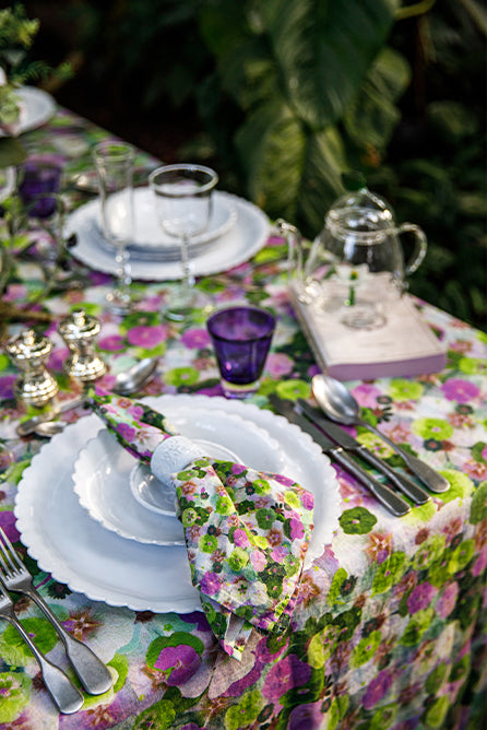 'Le Marché aux Fleurs' Linen Napkin in Purple, Pink and Green, 50x50cm