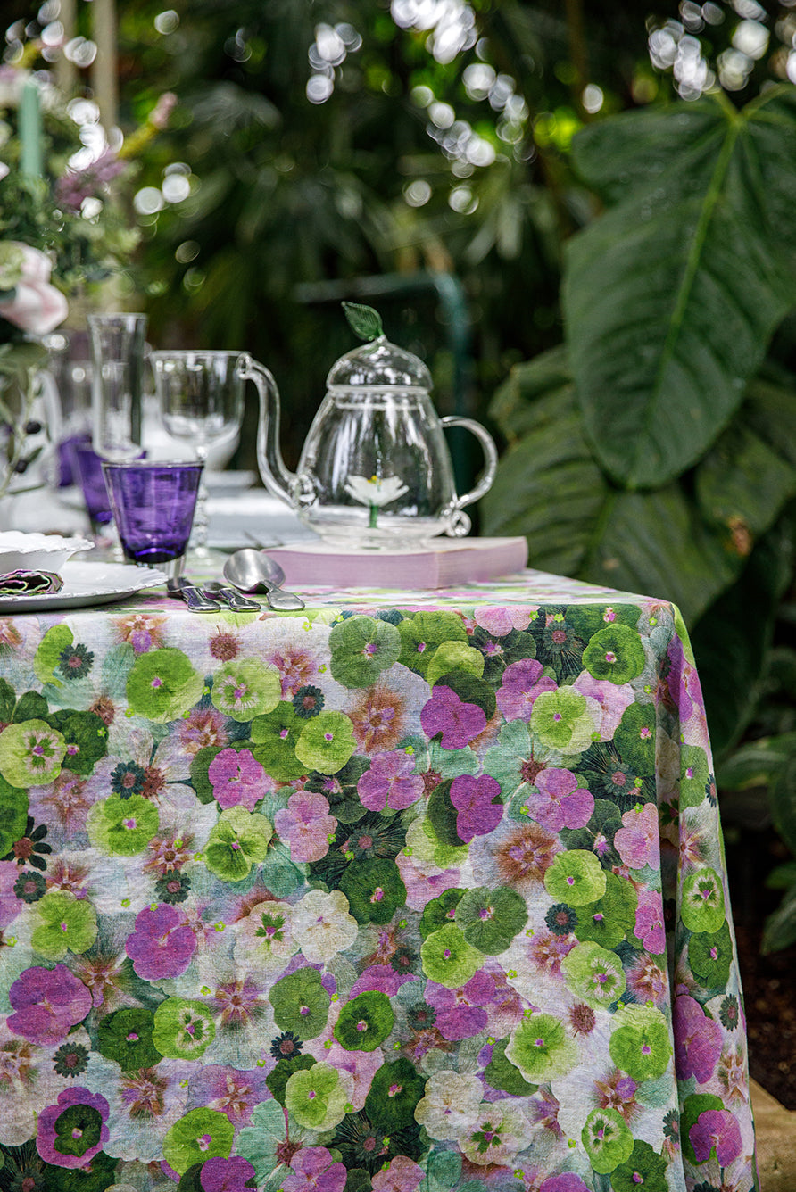 'Le Marché aux Fleurs' Linen Tablecloth in Purple, Pink and Green