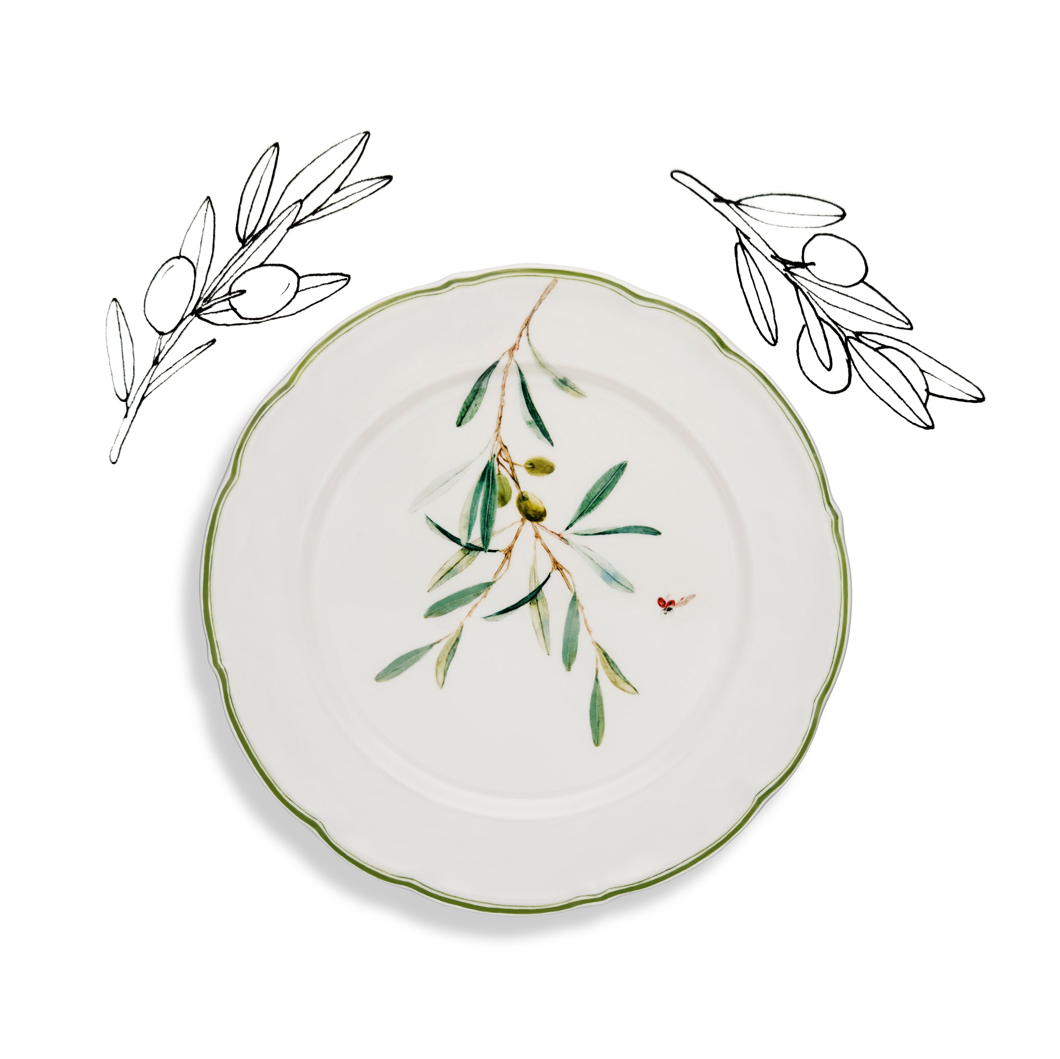 Olive Branch Scalloped Dinner Plate With Ladybird, 26cm