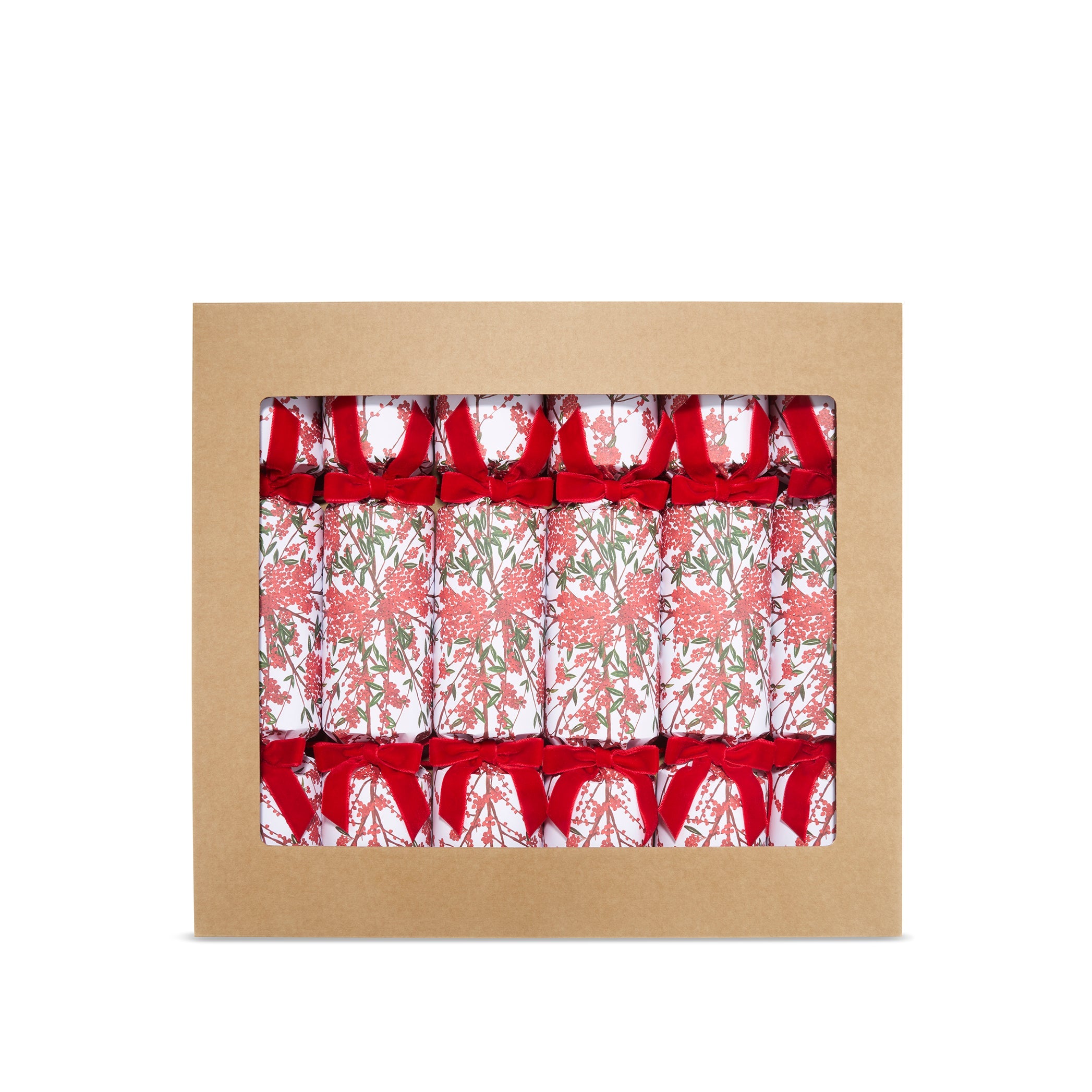 Christmas Crackers with 'Les Airelles' Print and Red Velvet Bows, Box of 6 (UK ONLY)