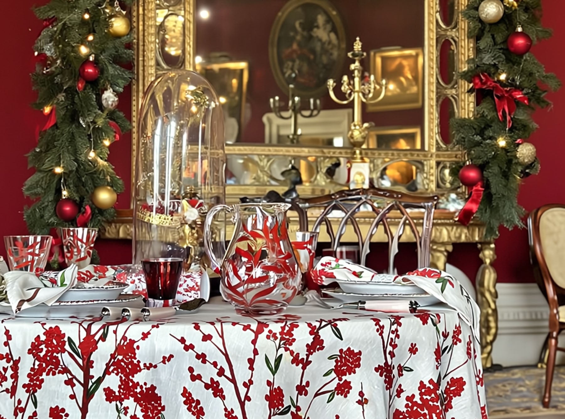 Christmas Crackers with 'Les Airelles' Print and Red Velvet Bows, Box of 6 (UK ONLY)