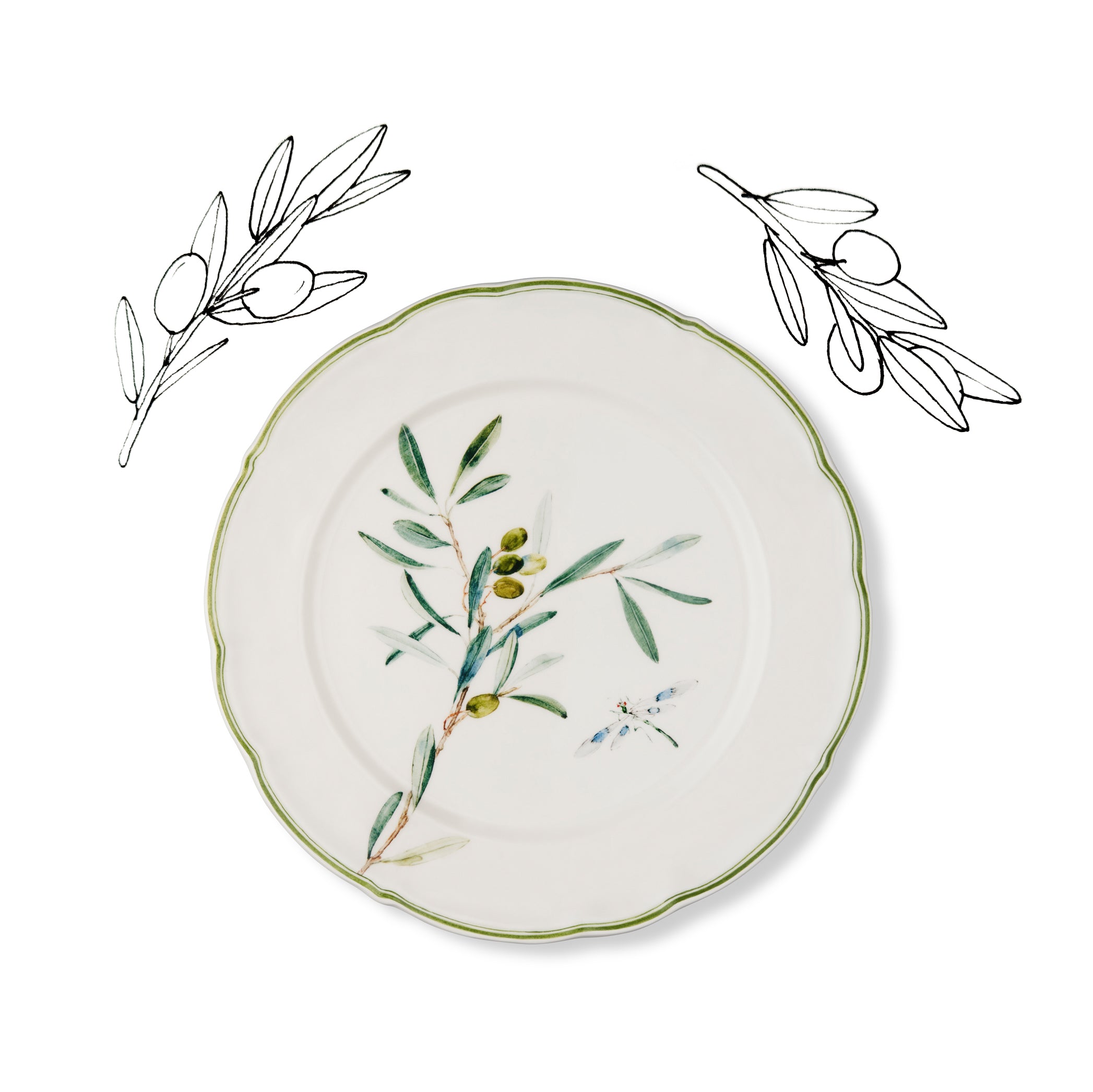 Olive Branch Scalloped Dinner Plate With Light Blue Dragonfly, 26cm
