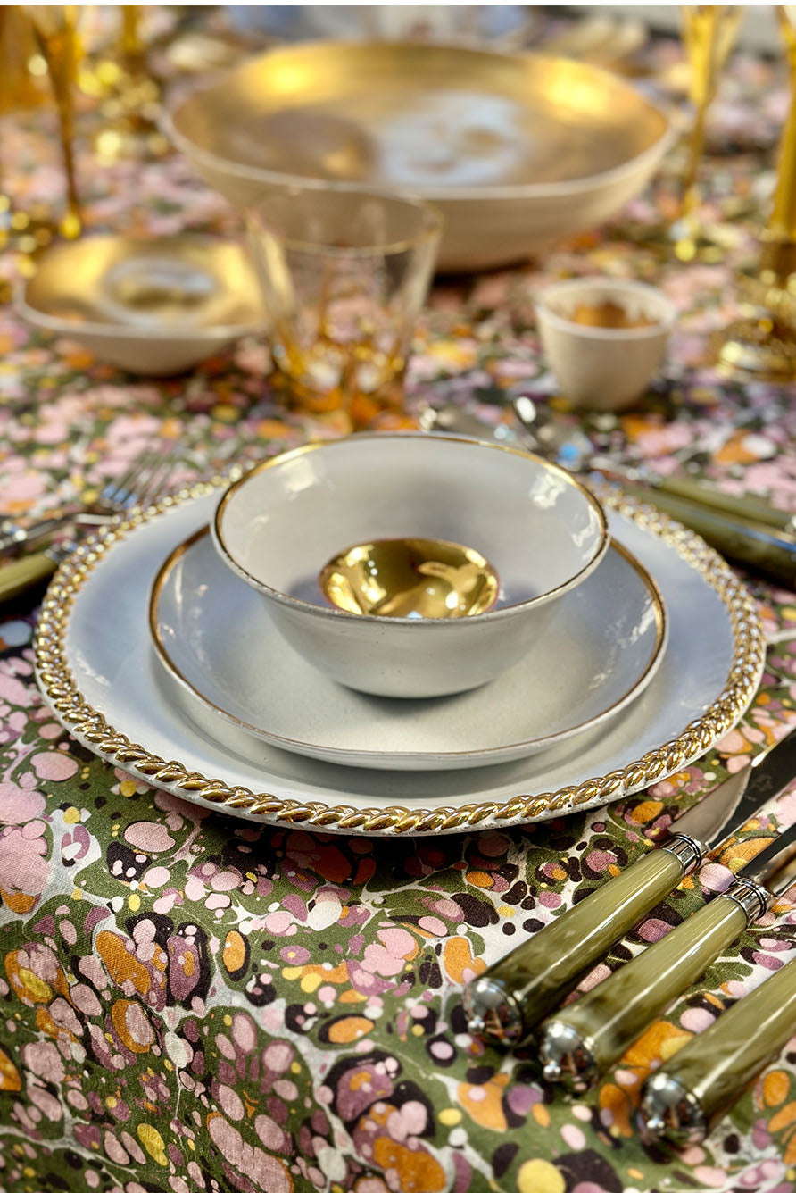 Summerill & Bishop 'Marble' Linen Tablecloth in Green, Rose Pink & Orange