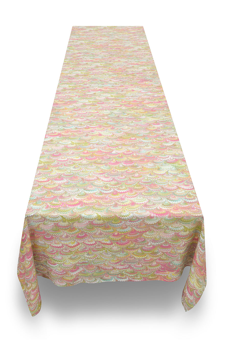 'Marble Fan' Linen Tablecloth in Pink, Green & Yellow