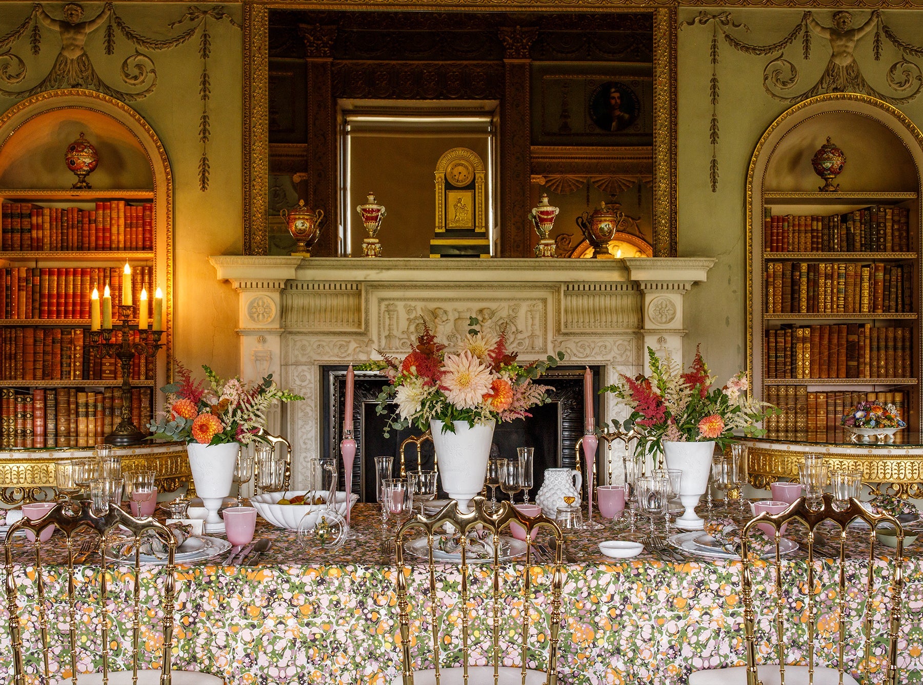 Summerill & Bishop 'Marble' Linen Tablecloth in Green, Rose Pink & Orange