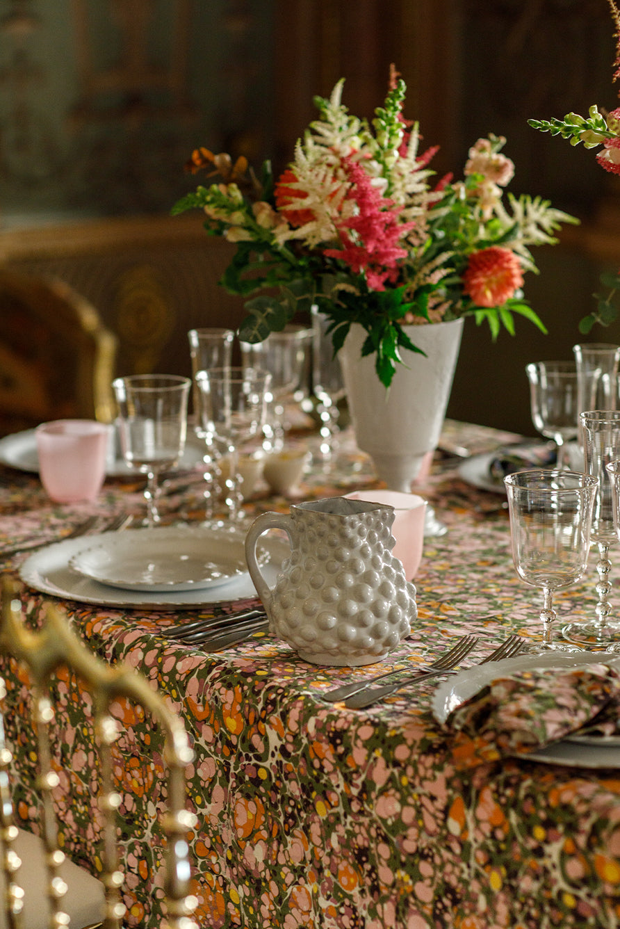Summerill & Bishop Marble Linen Tablecloth in Green, Rose Pink & Orange
