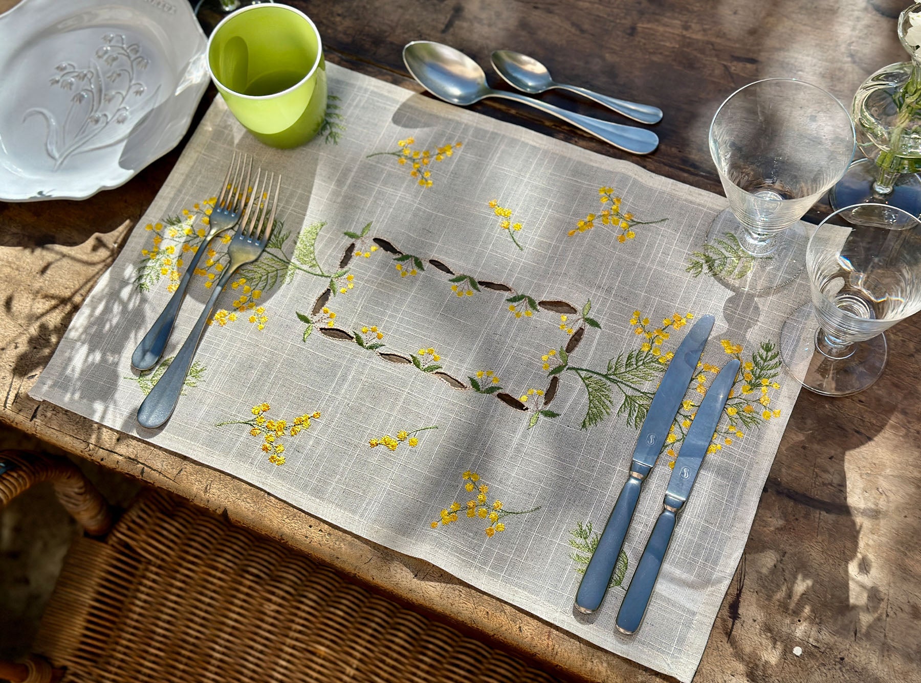 Mimosa Embroidered Linen Mix Placemat, 35 x 50cm