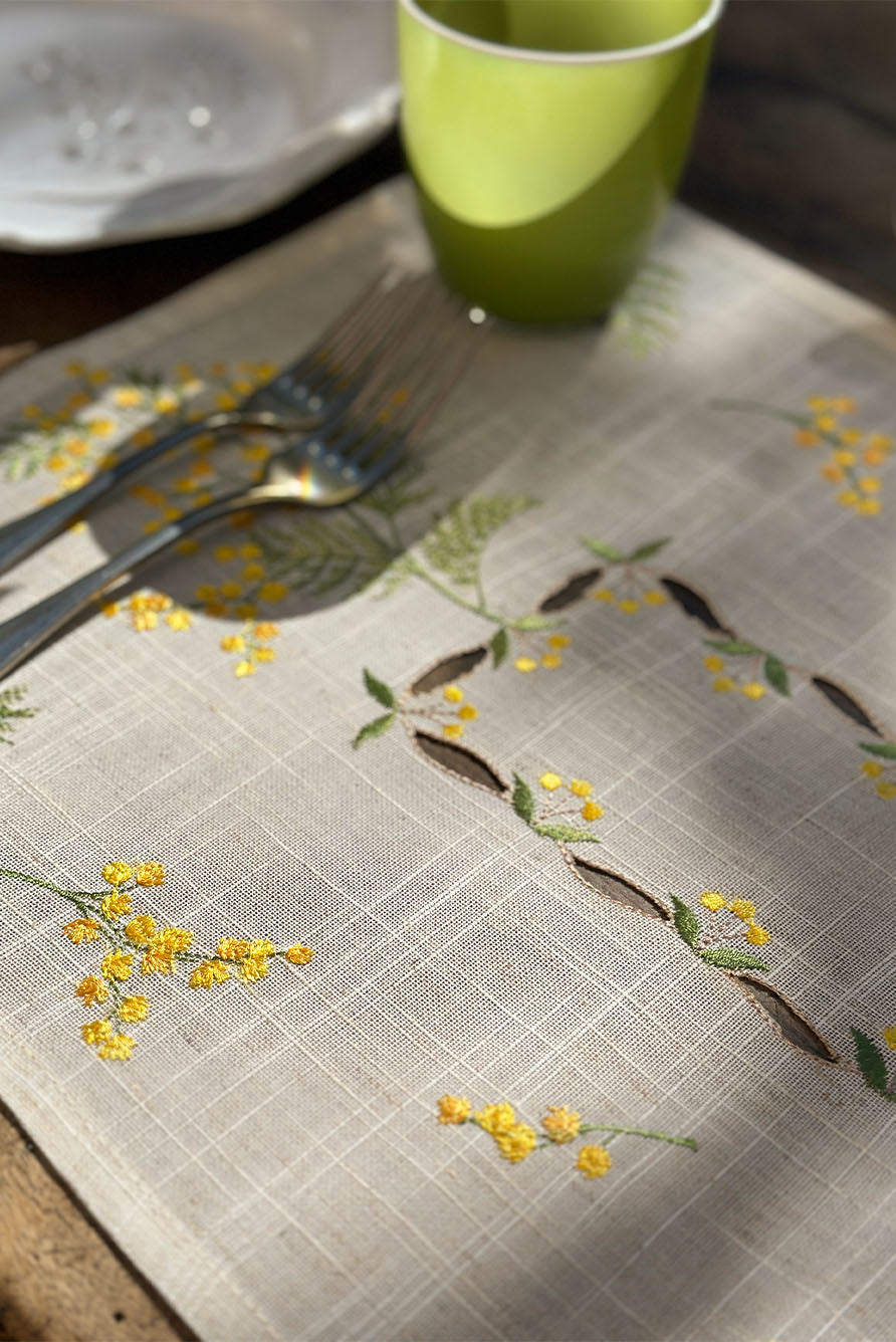 Mimosa Embroidered Linen Mix Placemat, 35 x 50cm