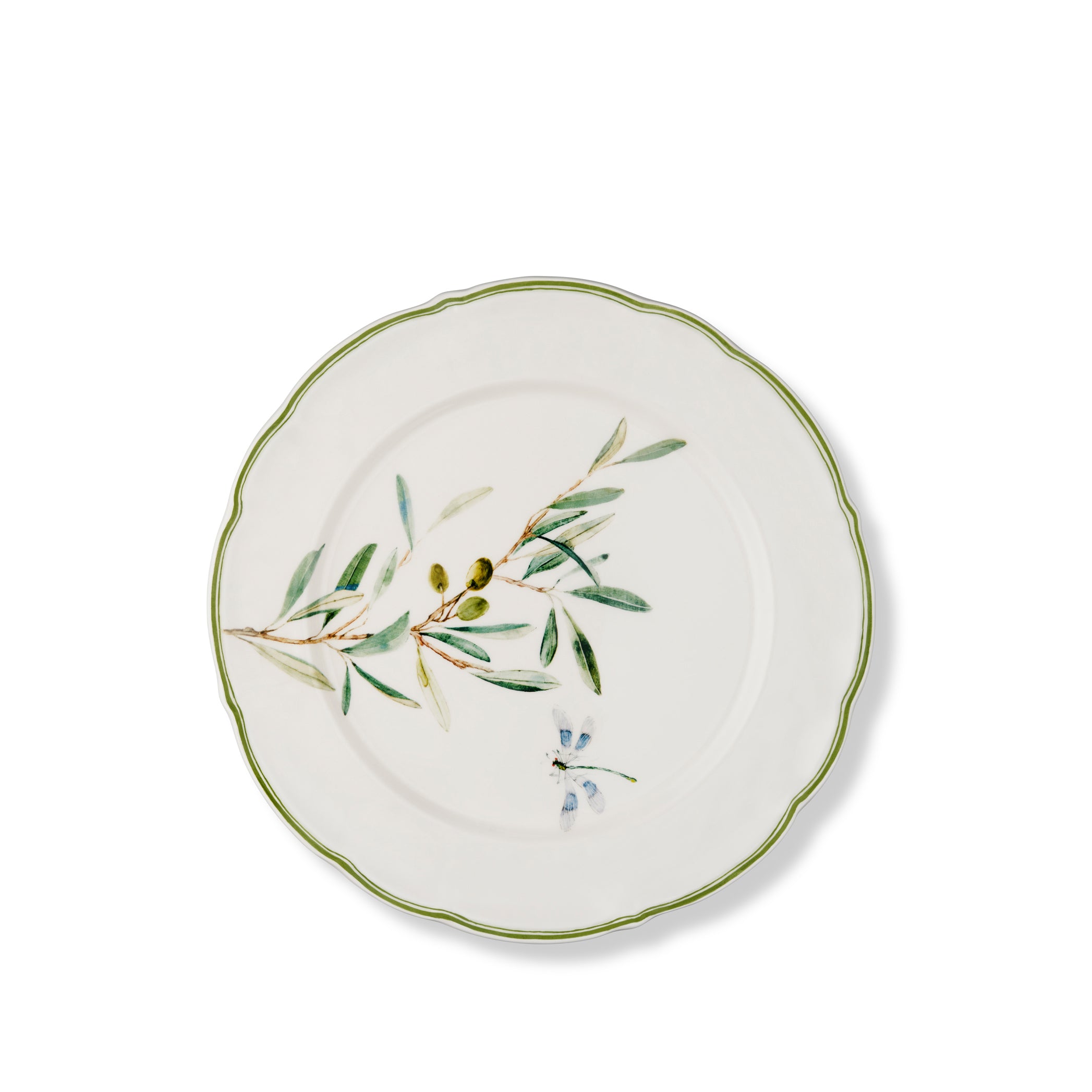 Olive Branch Scalloped Dinner Plate With Navy Dragonfly, 26cm