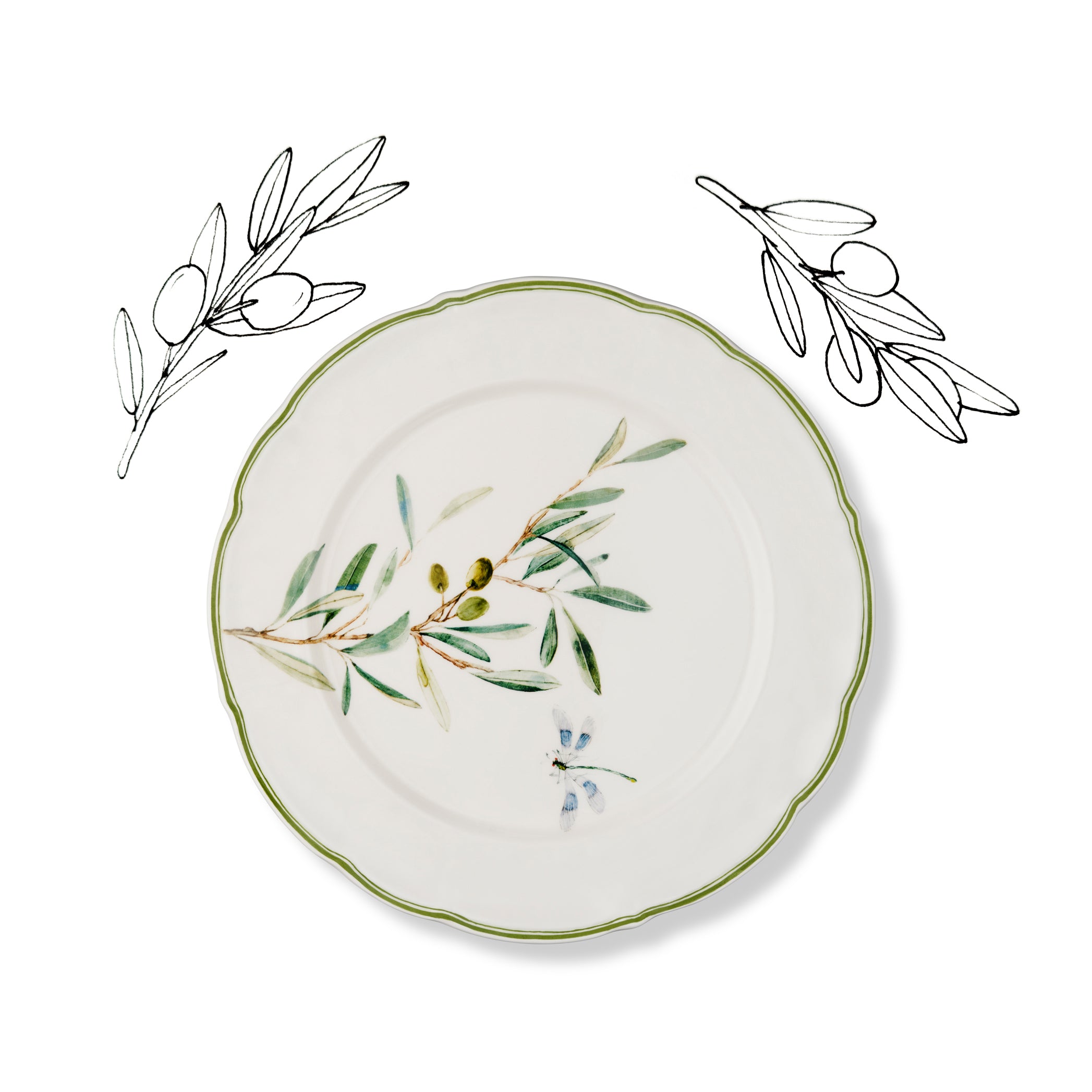 Olive Branch Scalloped Dinner Plate With Navy Dragonfly, 26cm