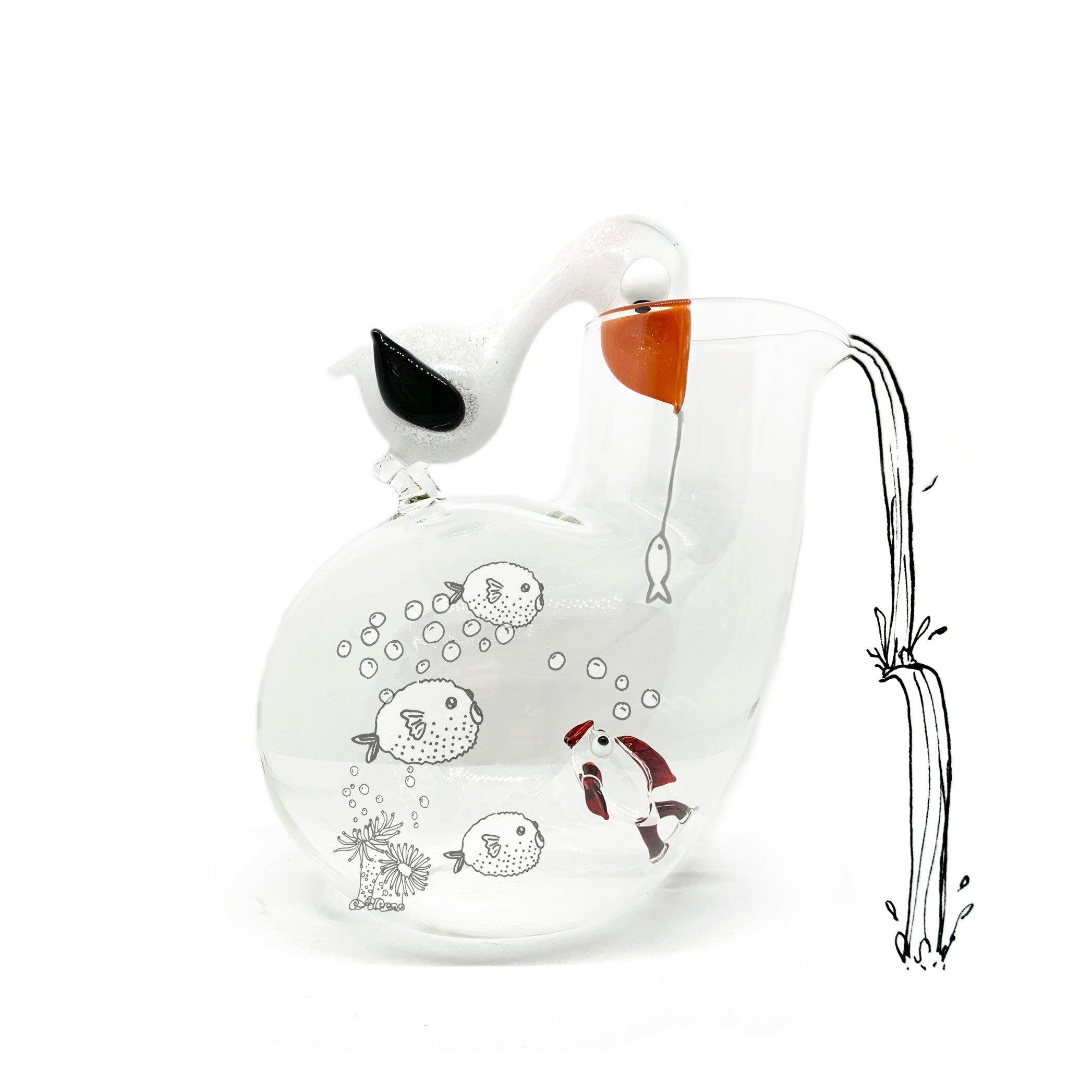 Handblown Glass Pelican and Fish Jug, 25cm