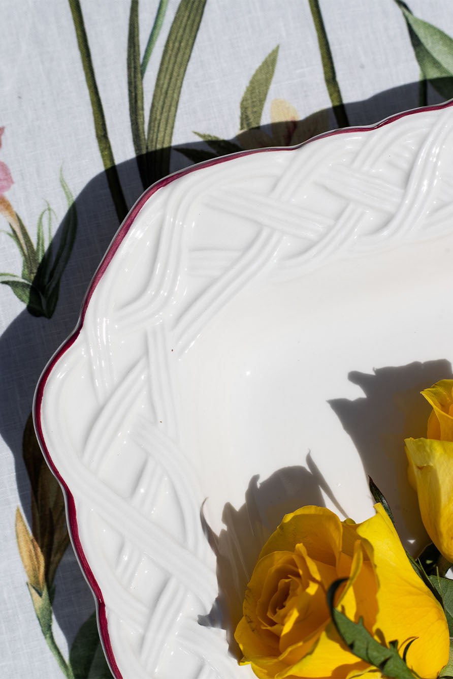 Rattan Effect Hand-Painted Bordeaux Rim Woven Rectangular Tray, 40.5 x 26 cm