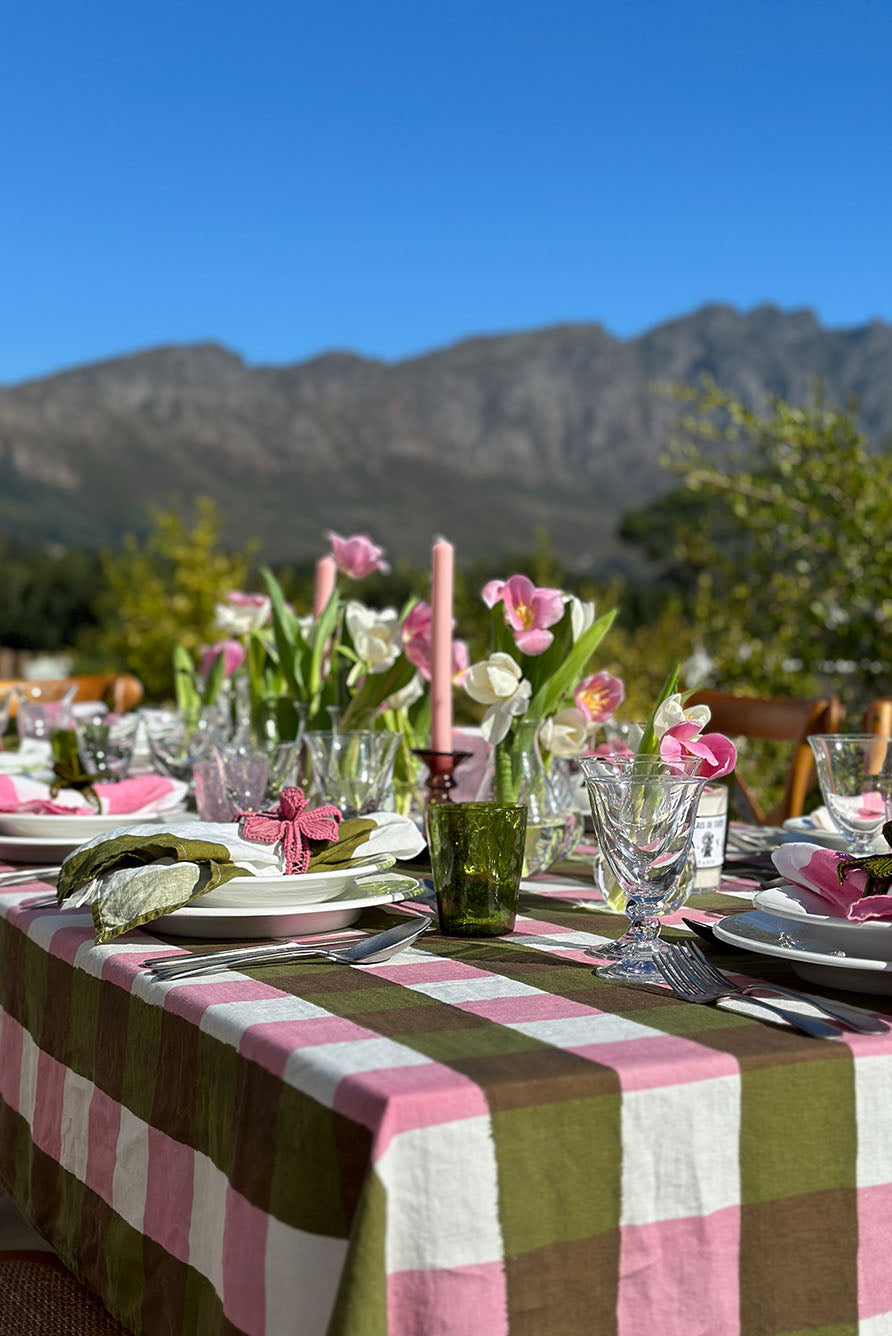 'Gingham' Linen Tablecloth in Rose Pink with Avocado Green Trim