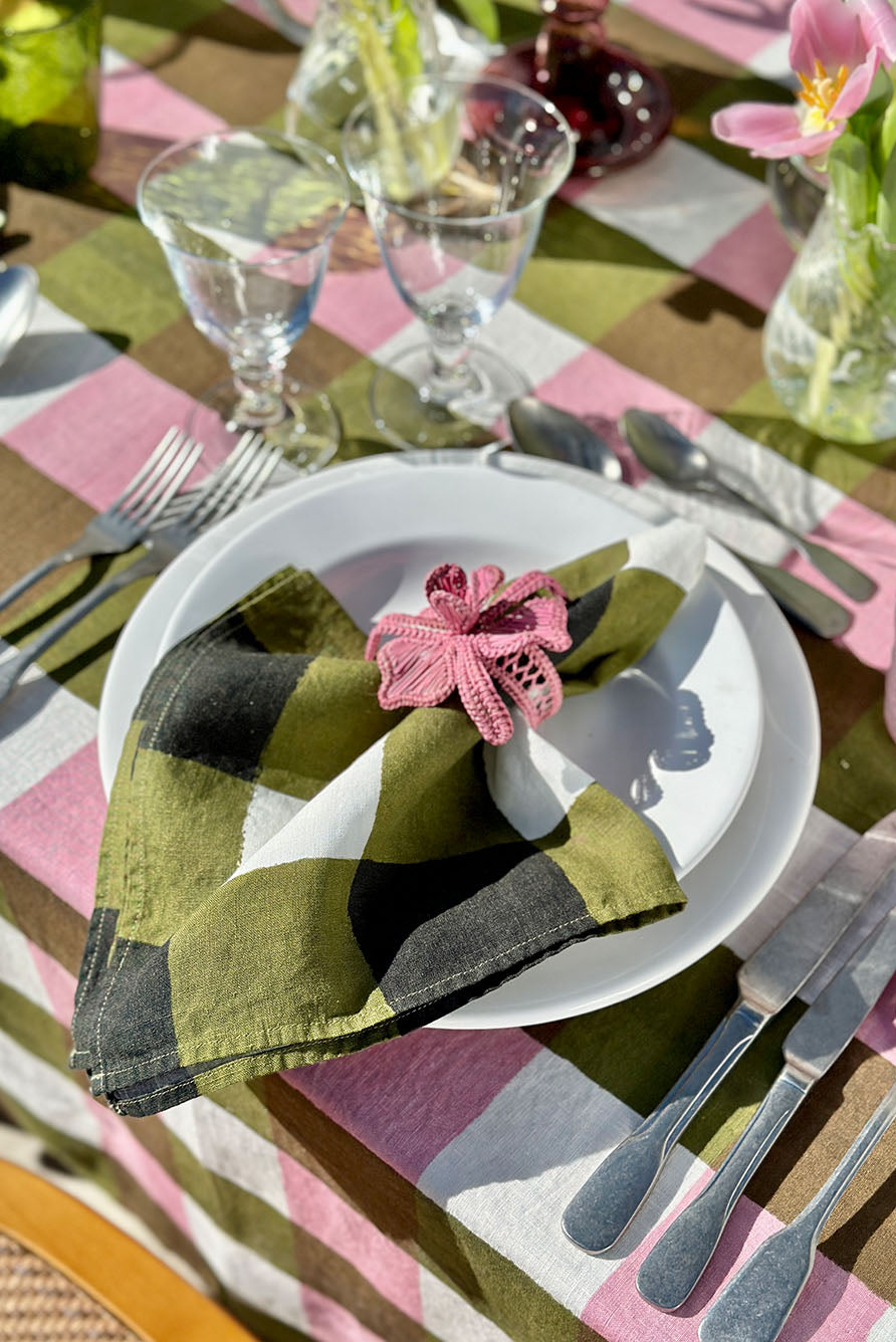 'Gingham' Linen Tablecloth in Rose Pink with Avocado Green Trim
