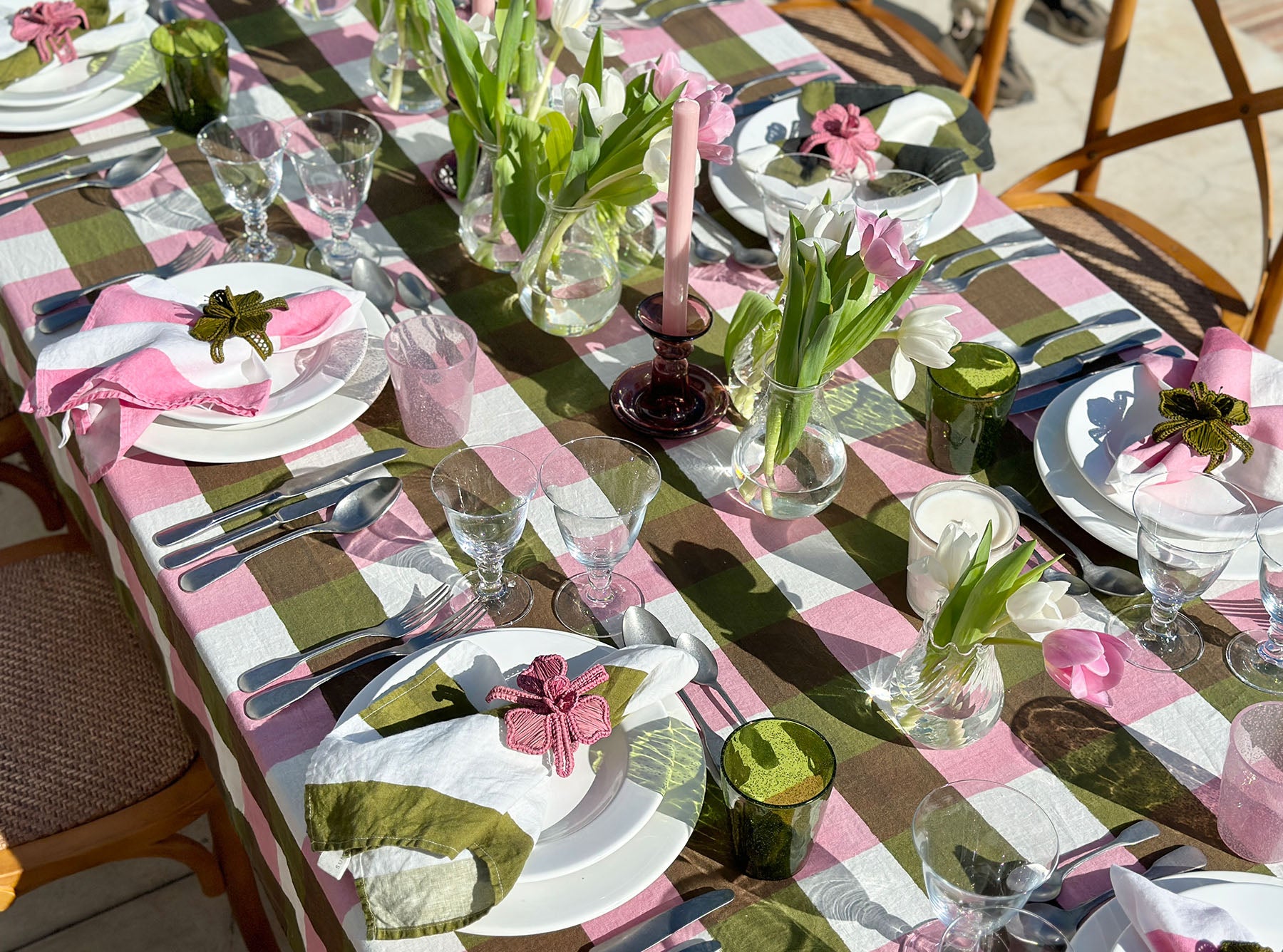 'Gingham' Linen Tablecloth in Rose Pink with Avocado Green Trim