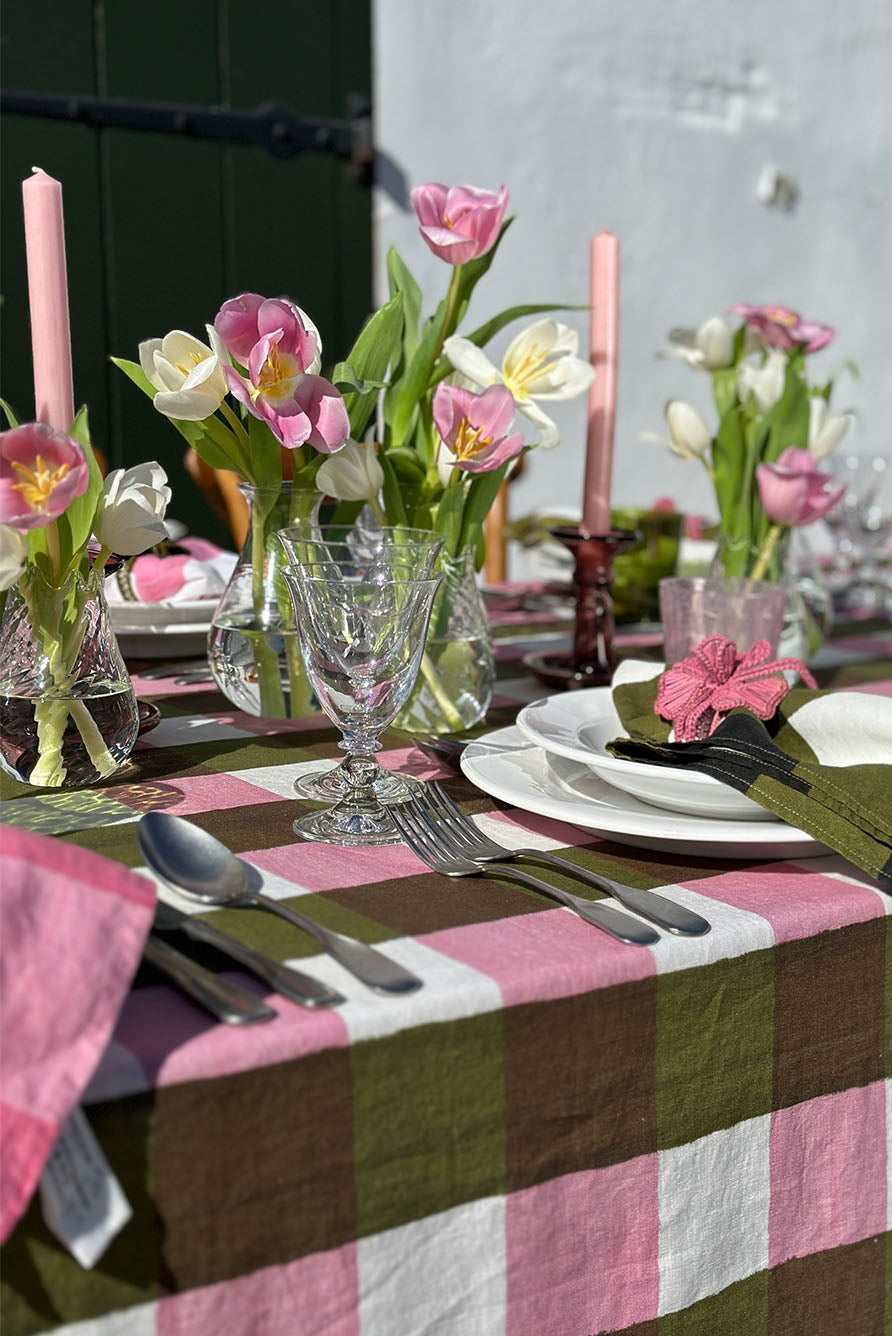'Gingham' Linen Tablecloth in Rose Pink with Avocado Green Trim