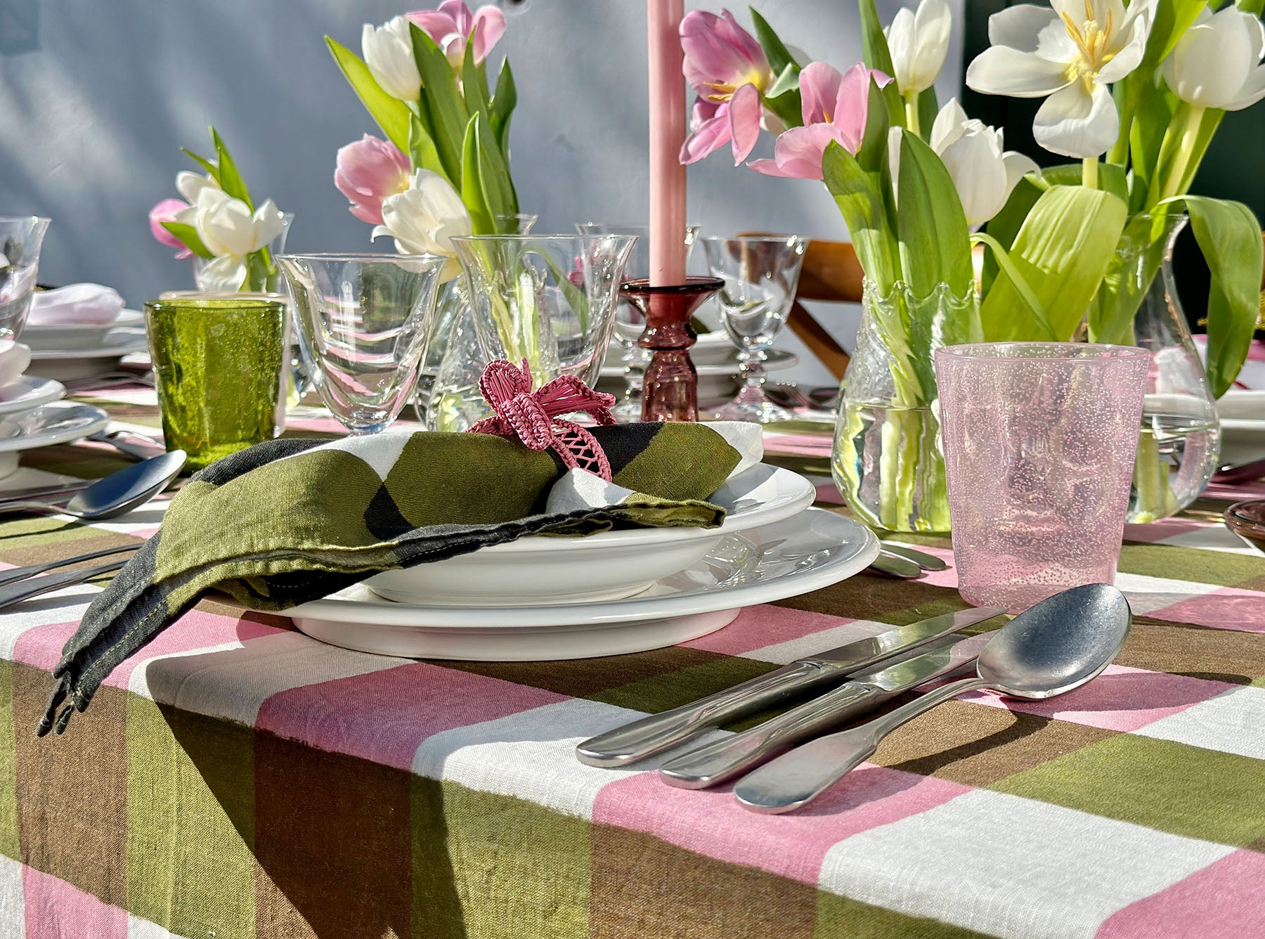 'Gingham' Linen Tablecloth in Rose Pink with Avocado Green Trim