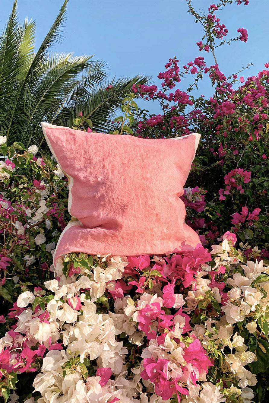 Hand Painted Linen Cushion in Rose Pink, 50cm x 30cm