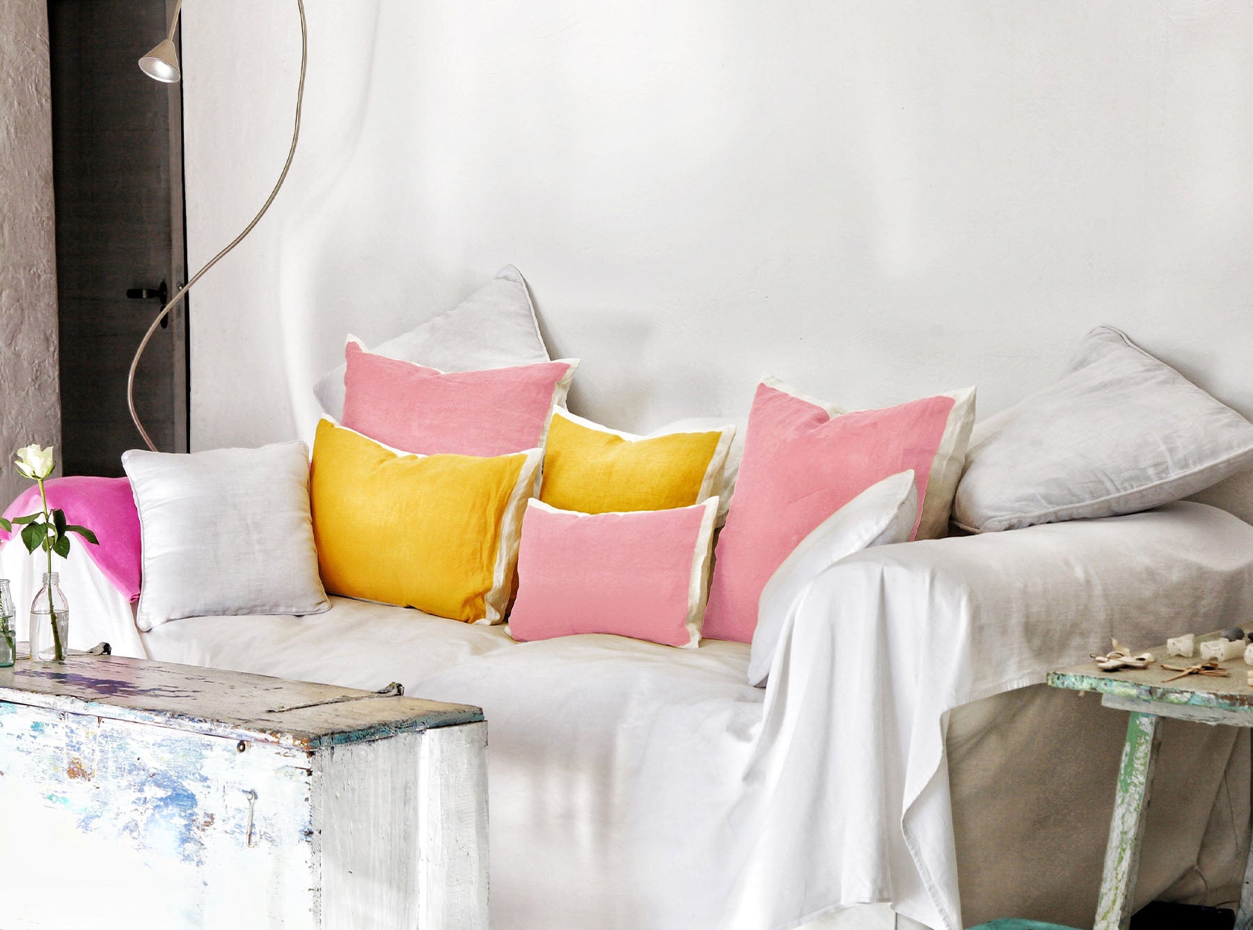 Hand Painted Linen Cushion in Rose Pink, 50cm x 30cm