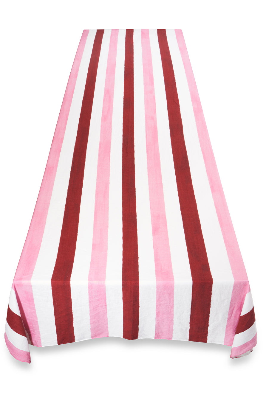 'Stripe' Linen Tablecloth in Raspberry Red & Rose Pink
