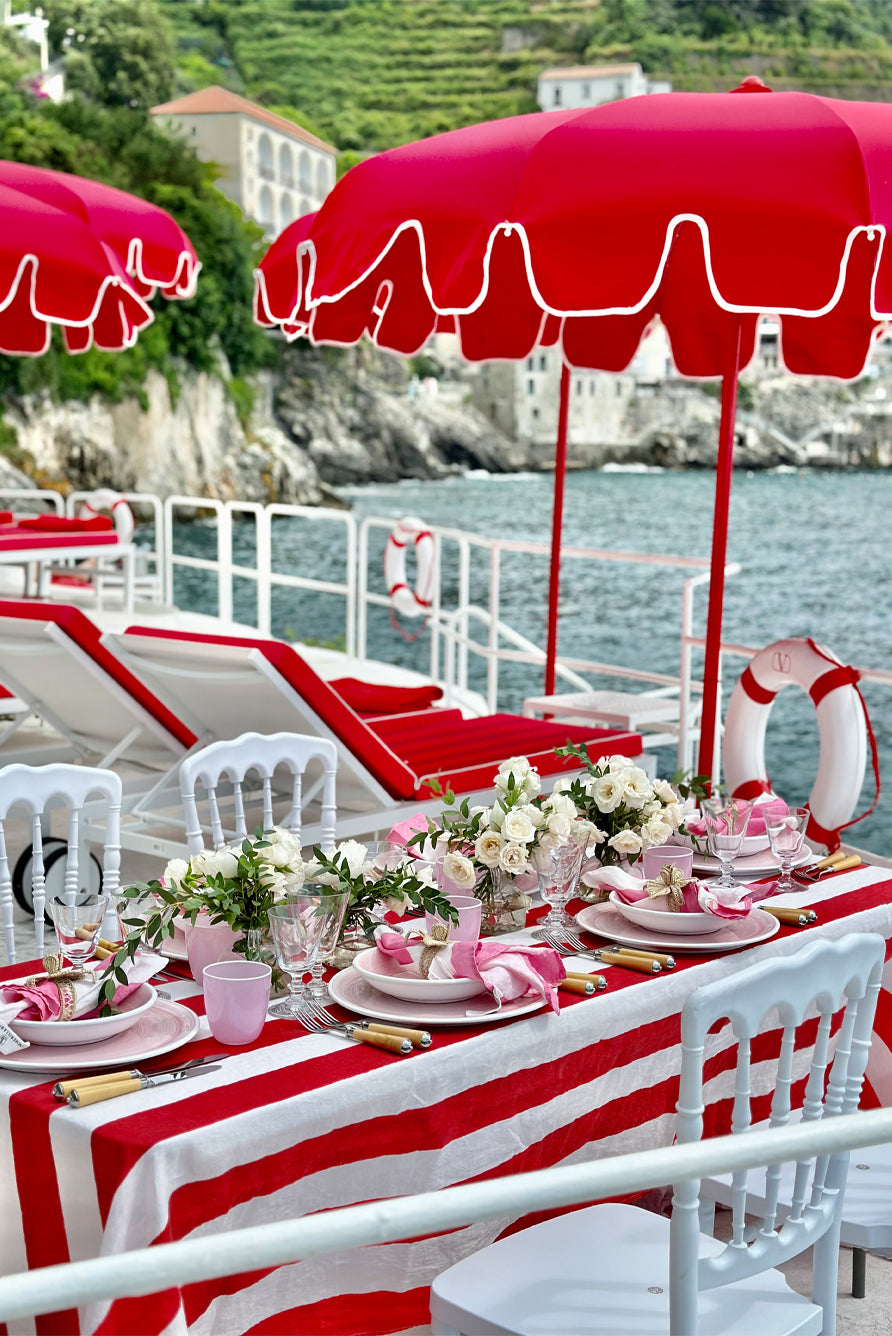 'Stripe' Linen Tablecloth in White & Red