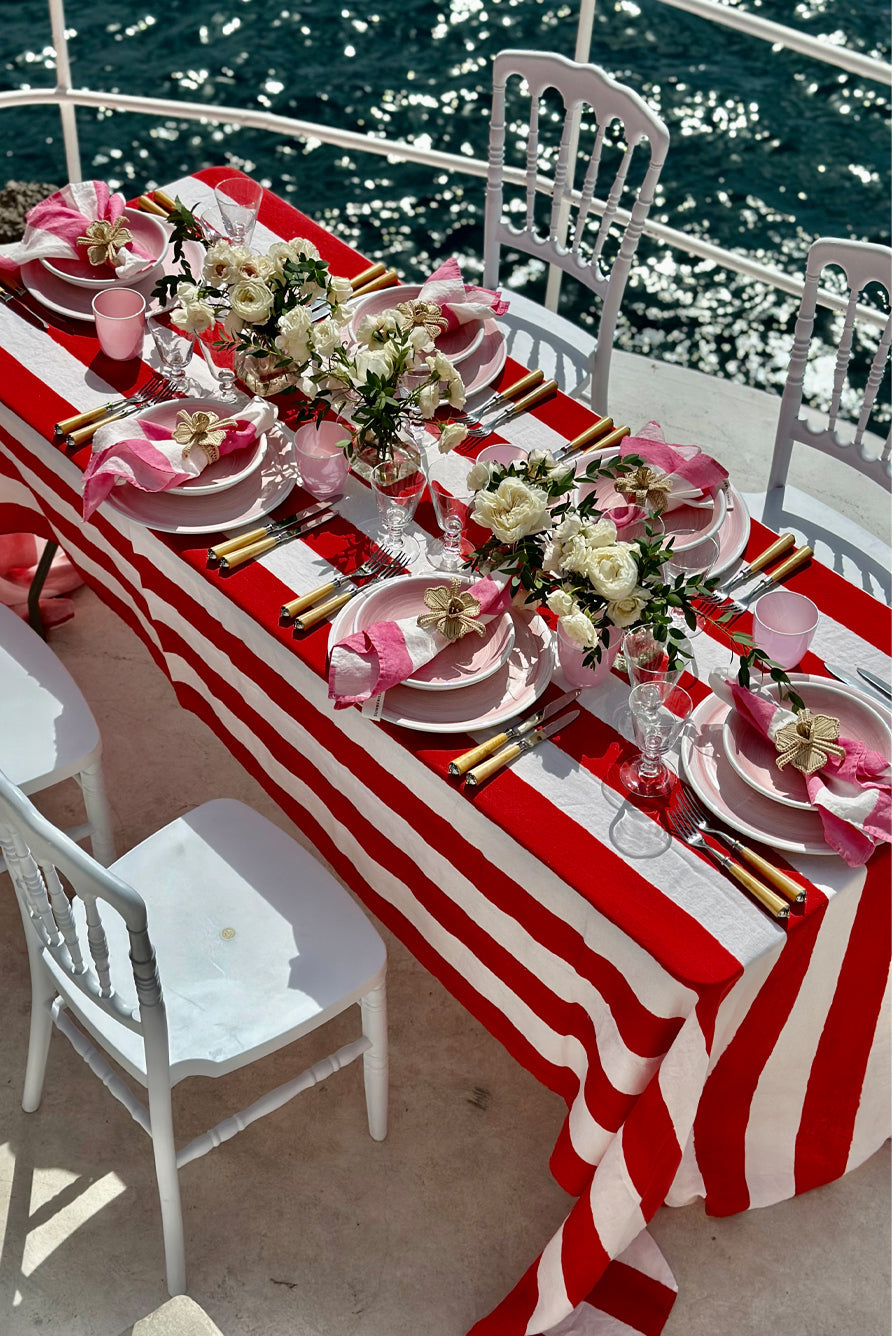 Stripe Linen Tablecloth in White & Red