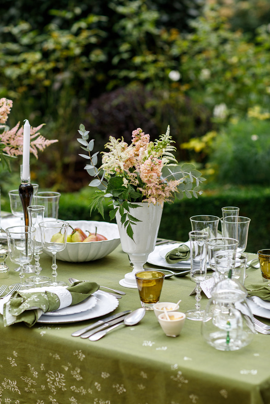 'S&Bee Falling Flower' Linen Tablecloth in Avocado Green