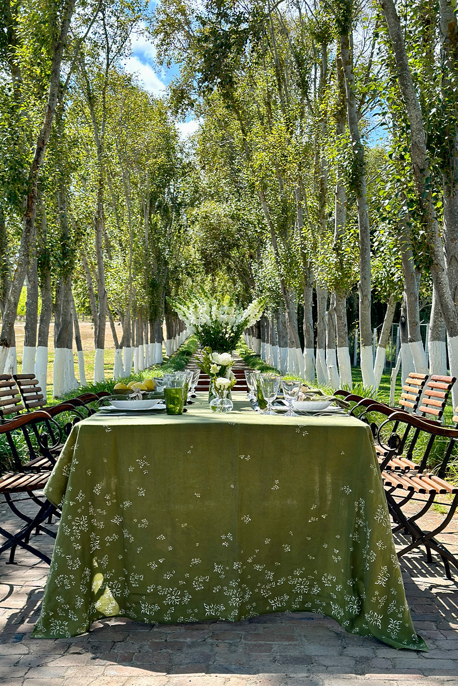 'S&Bee Falling Flower' Linen Tablecloth in Avocado Green