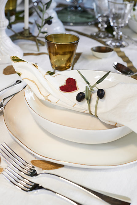 Gold 'Doves' Linen Napkin in White, 50x50cm