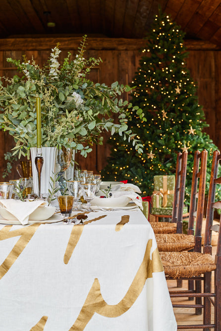 Gold 'Doves' Linen Tablecloth in White