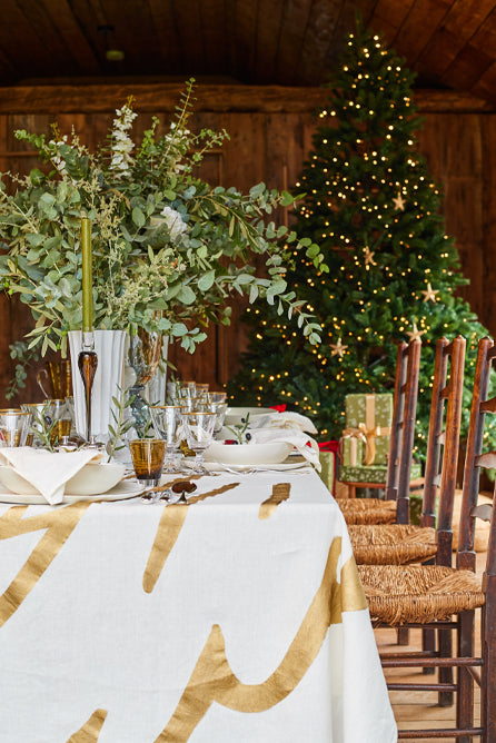Gold 'Doves' Linen Napkin in White, 50x50cm