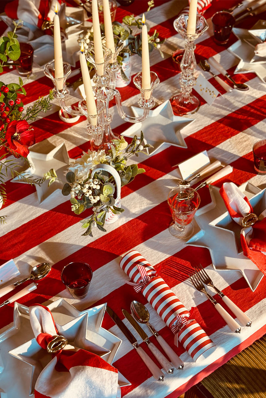 'Stripe' Linen Tablecloth in White & Red